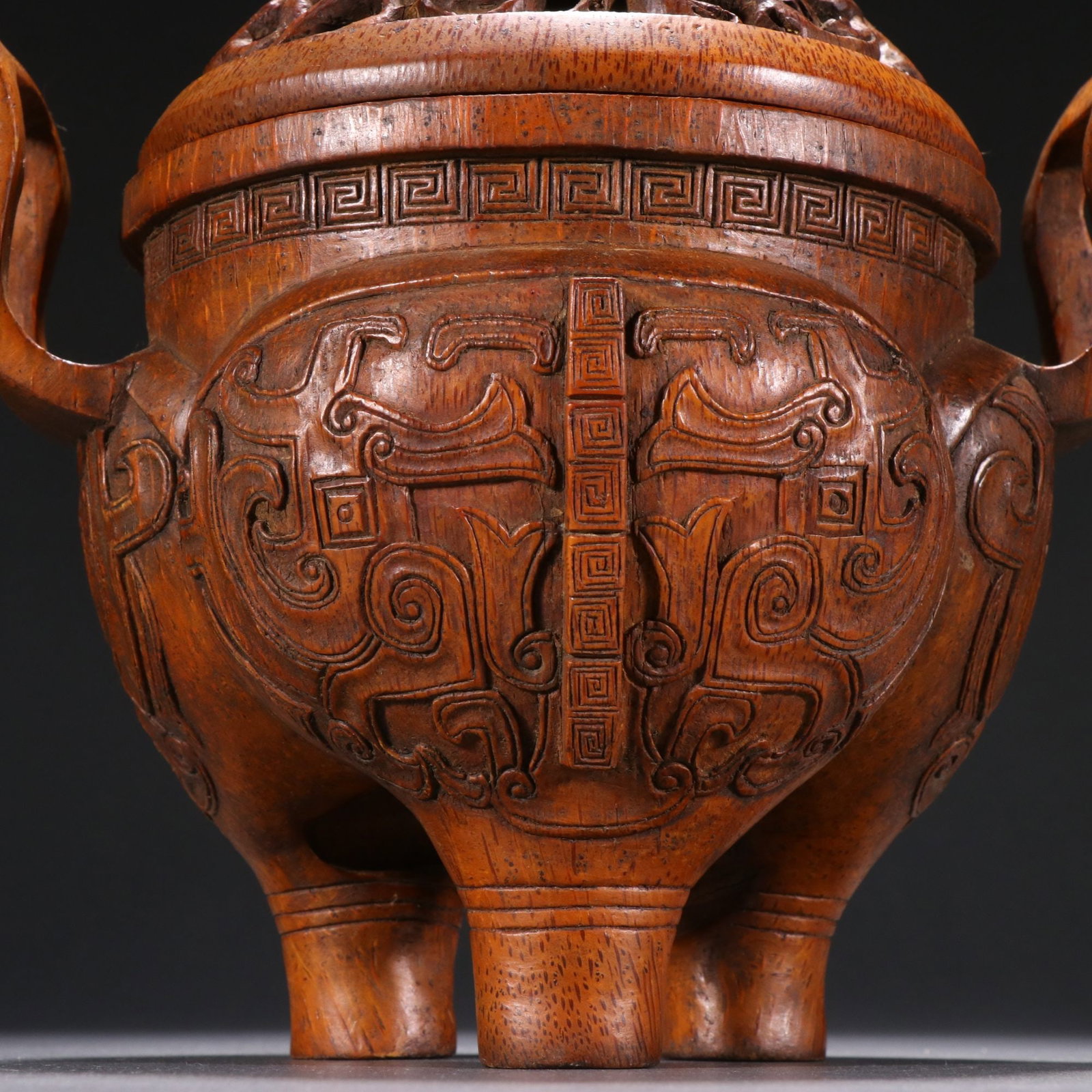 An Exquisite Bamboo Beast-Face Pattern Double-Ears and Tripod Censer - 2