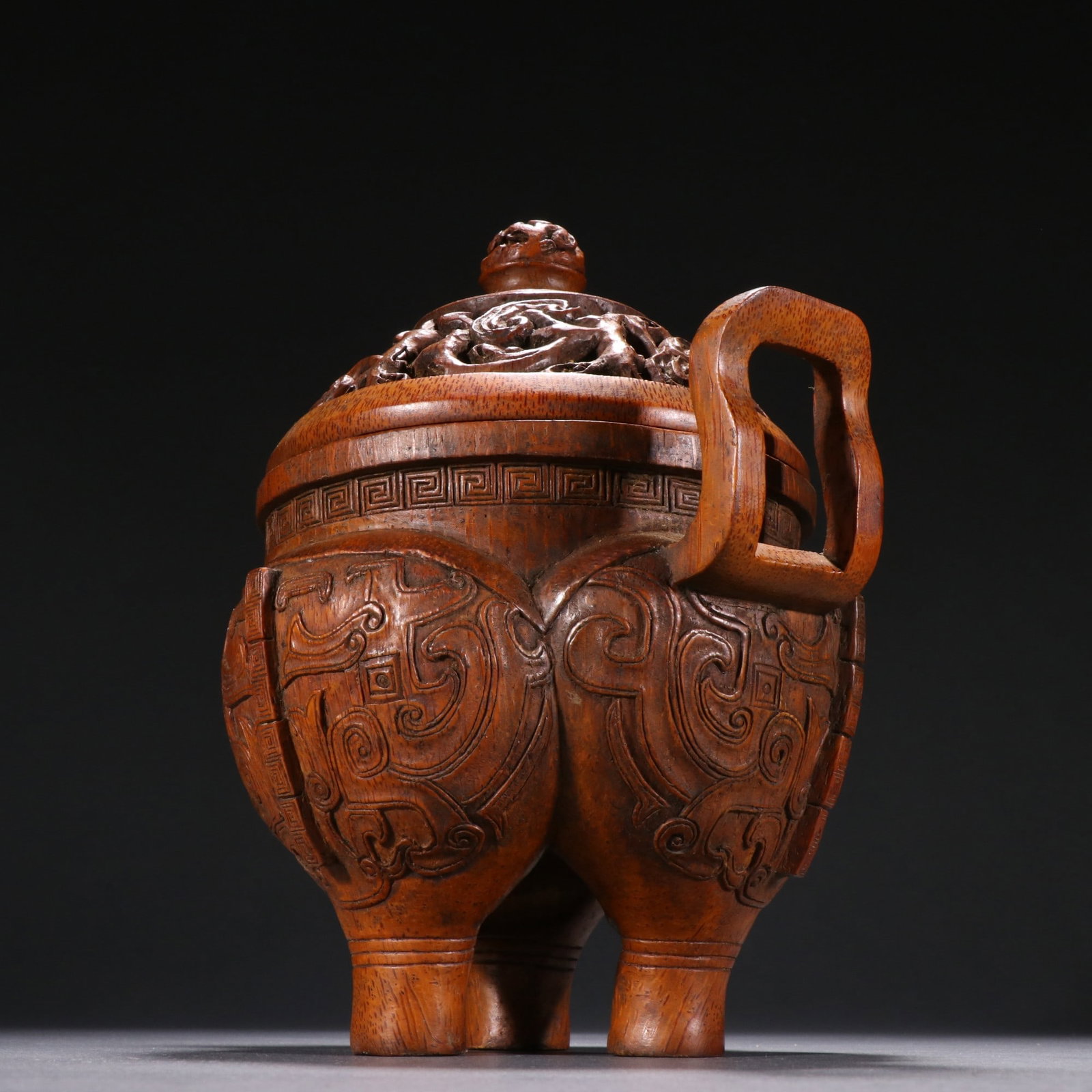 An Exquisite Bamboo Beast-Face Pattern Double-Ears and Tripod Censer - 3