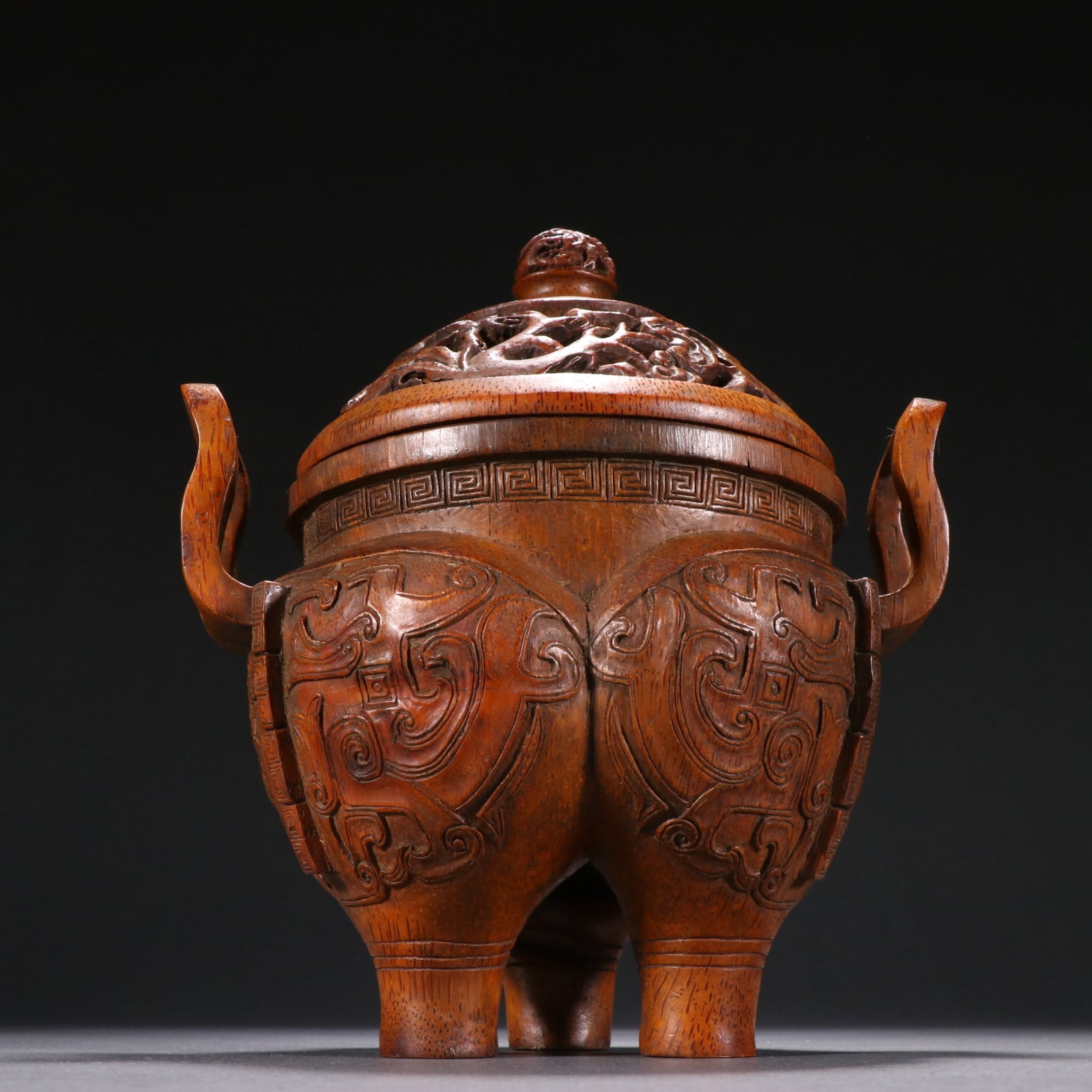 An Exquisite Bamboo Beast-Face Pattern Double-Ears and Tripod Censer - 5
