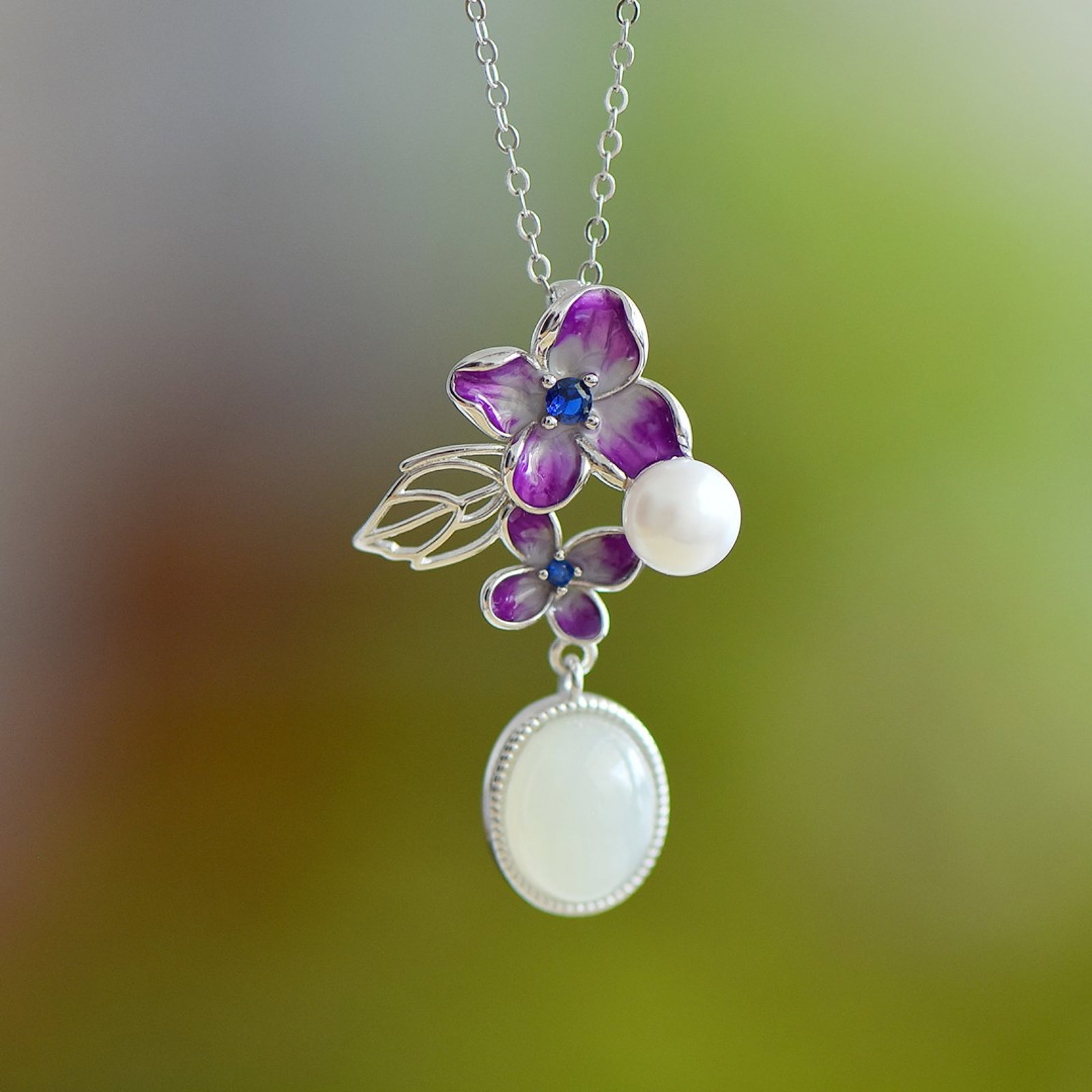 A Set of Fine Sterling Silver Inlaid White Jade Jewelry,Inlaid Pearls - 2