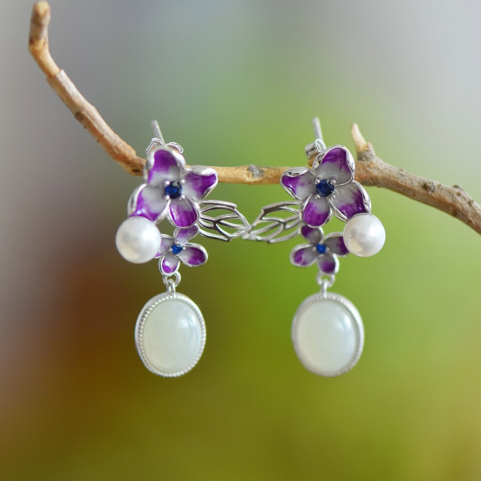 A Set of Fine Sterling Silver Inlaid White Jade Jewelry,Inlaid Pearls - 3