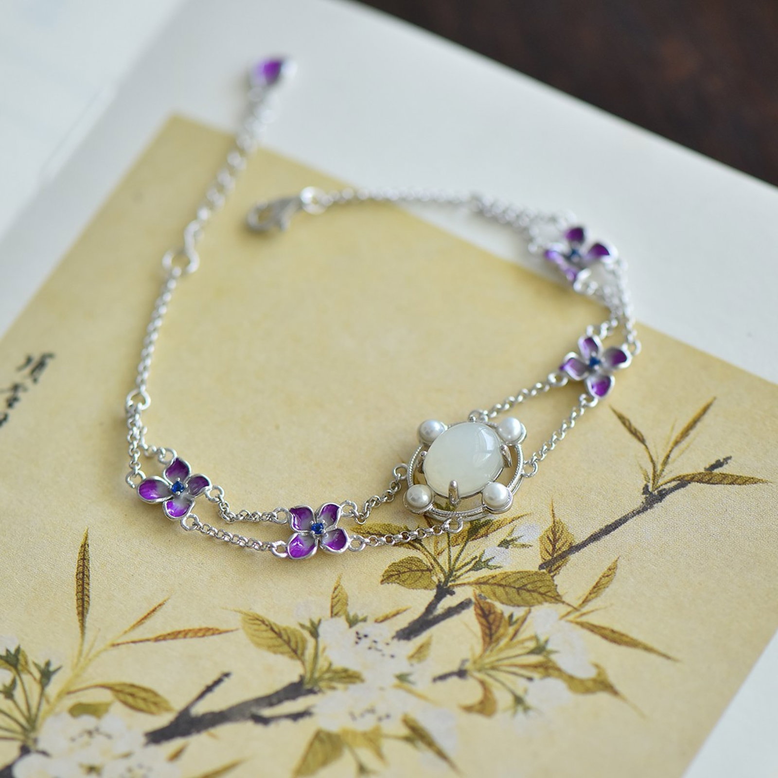 A Set of Fine Sterling Silver Inlaid White Jade Jewelry,Inlaid Pearls - 5