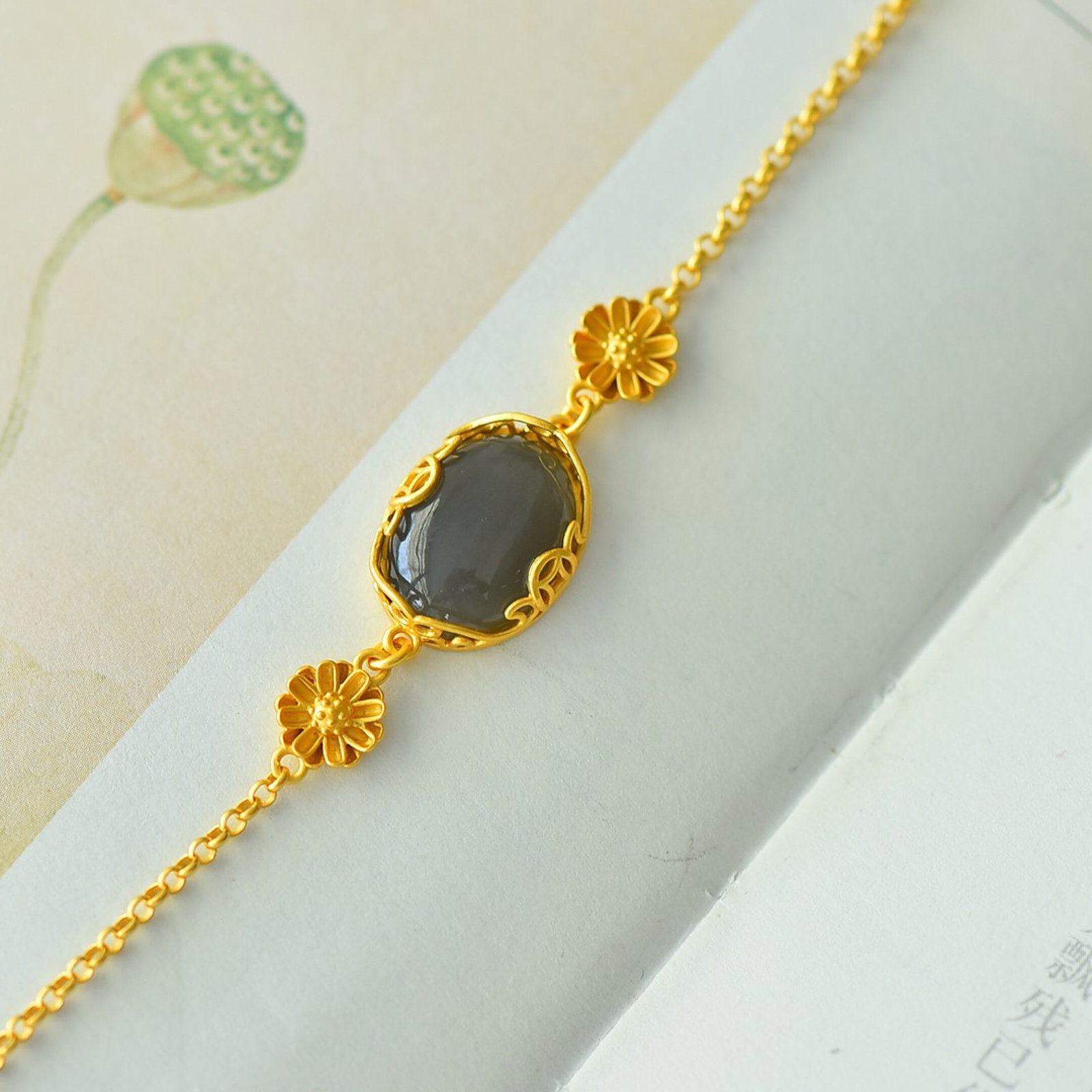 An Exquisite Sterling Silver-Gold Plated Inlaid White Jade Bracelet - 3