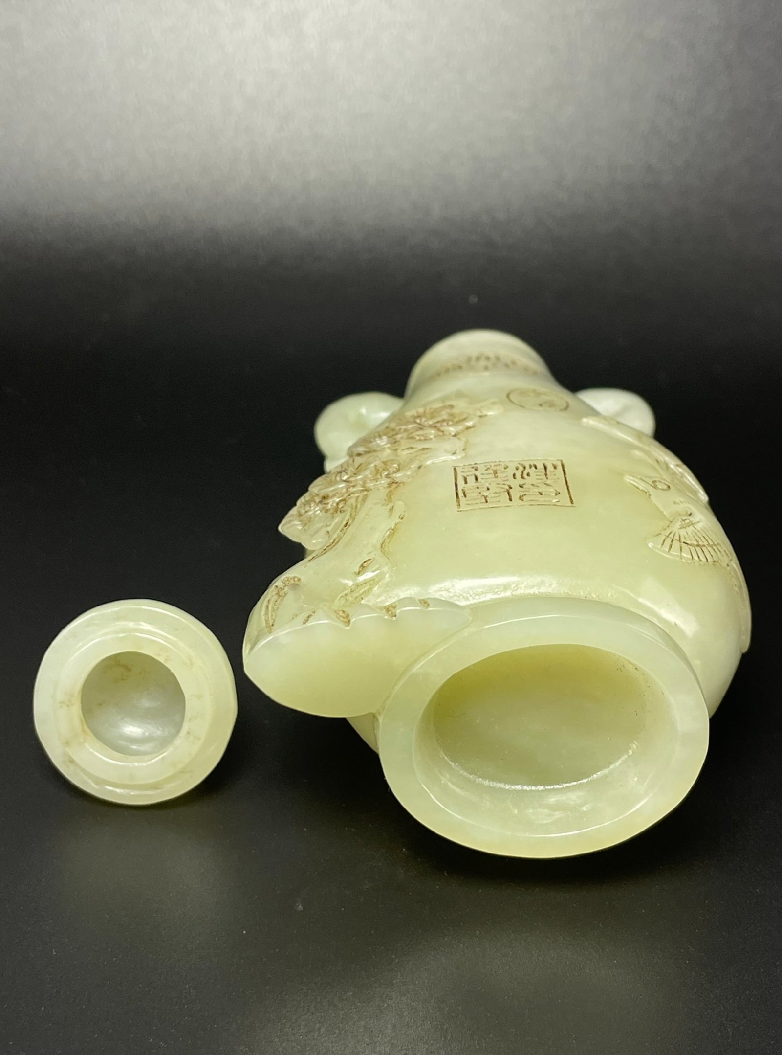 An Exquisite White Jade Flower and Bird Pattern Double-Ears Bottle,With Poem - 5