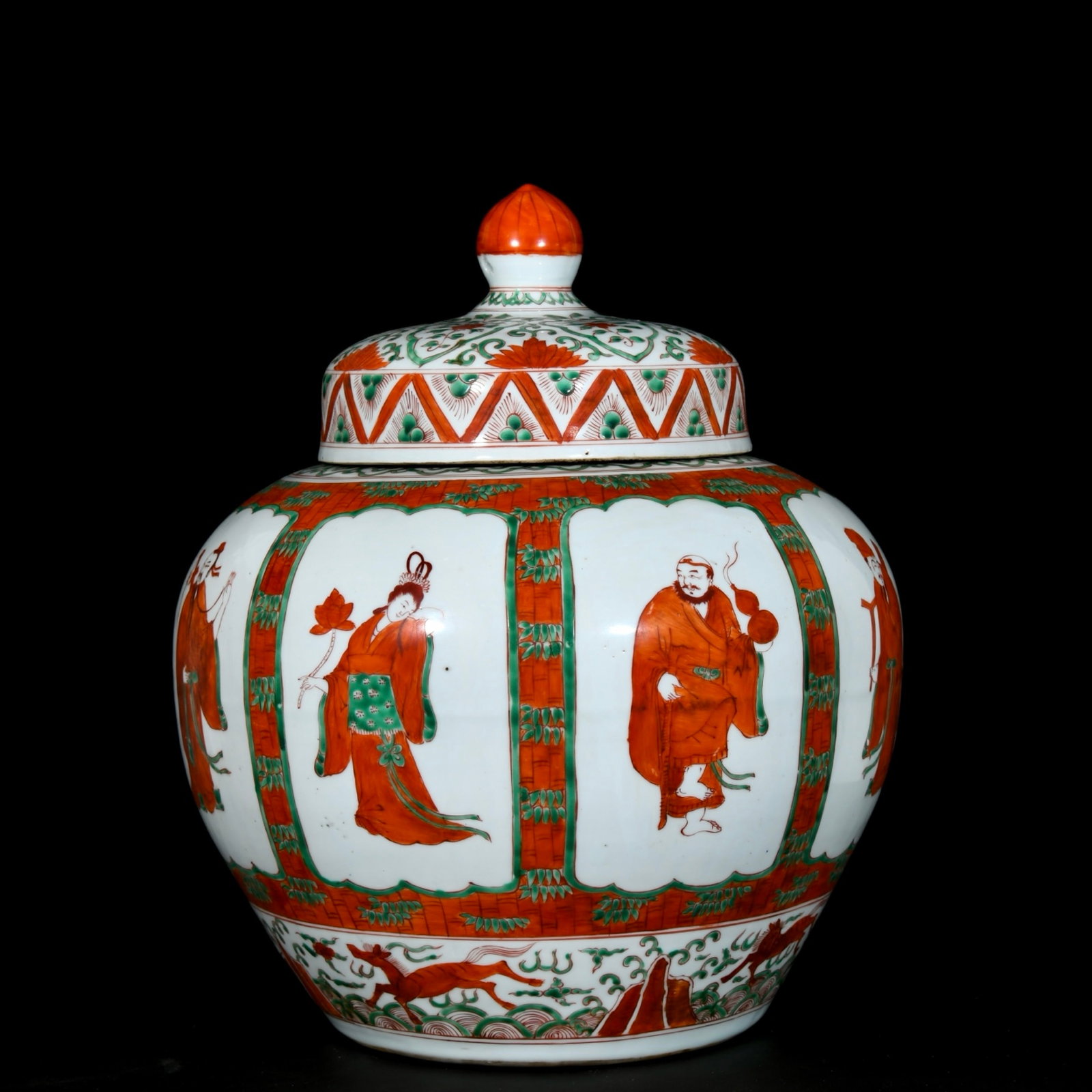 A Rare Red Green Color Figure Pattern Cover Jar: Estimated Value:3200-6400 A Rare Red Green Color Figure Pattern Cover Jar,Ming Dynasty,China,Jiajing Six-character Mark,Size:15.4inx13.8in