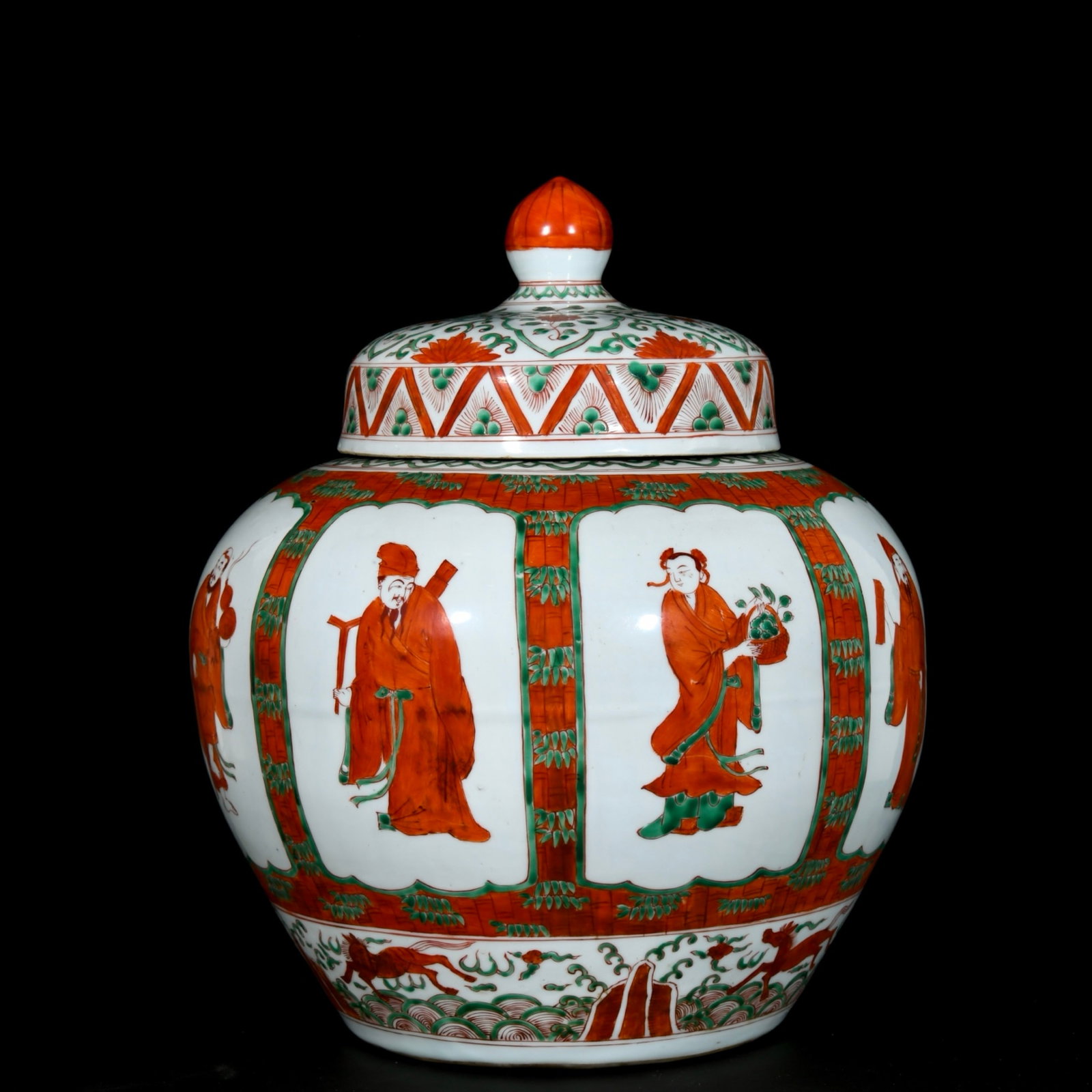 A Rare Red Green Color Figure Pattern Cover Jar - 3