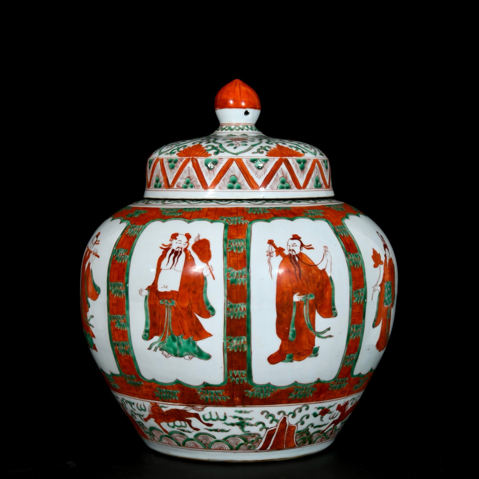 A Rare Red Green Color Figure Pattern Cover Jar - 6