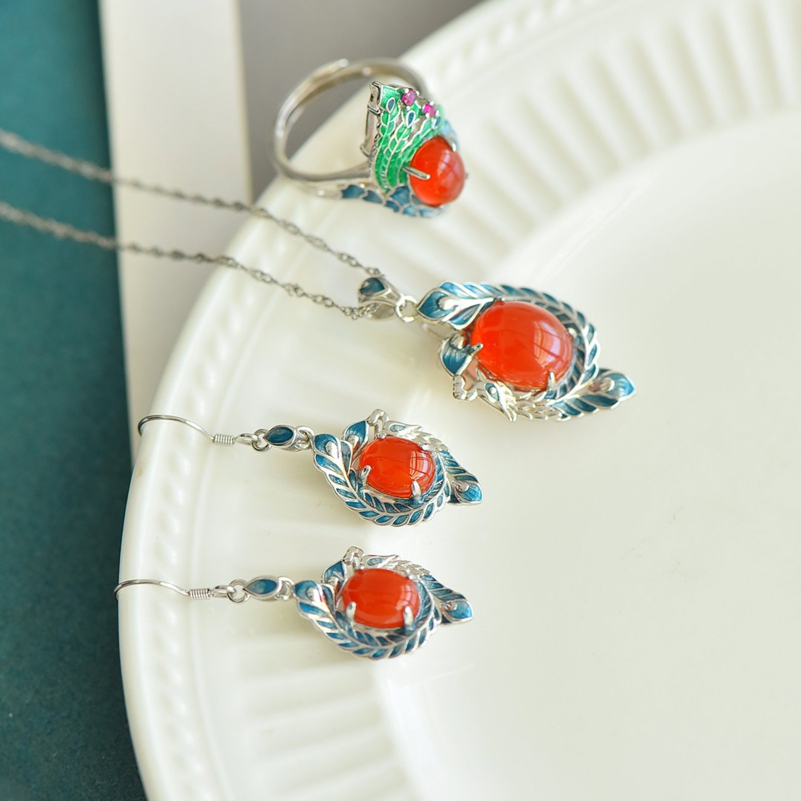 A Set of Fine Sterling Silver Inlaid Agate Jewelrys - 5