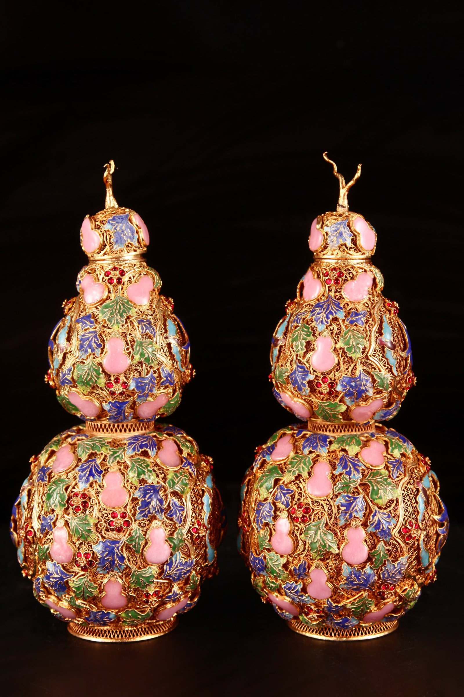 A Pair of Exquisite Filigree and Gilding Gourd Pattern Gourd Vases,Inlaid Gems - 2