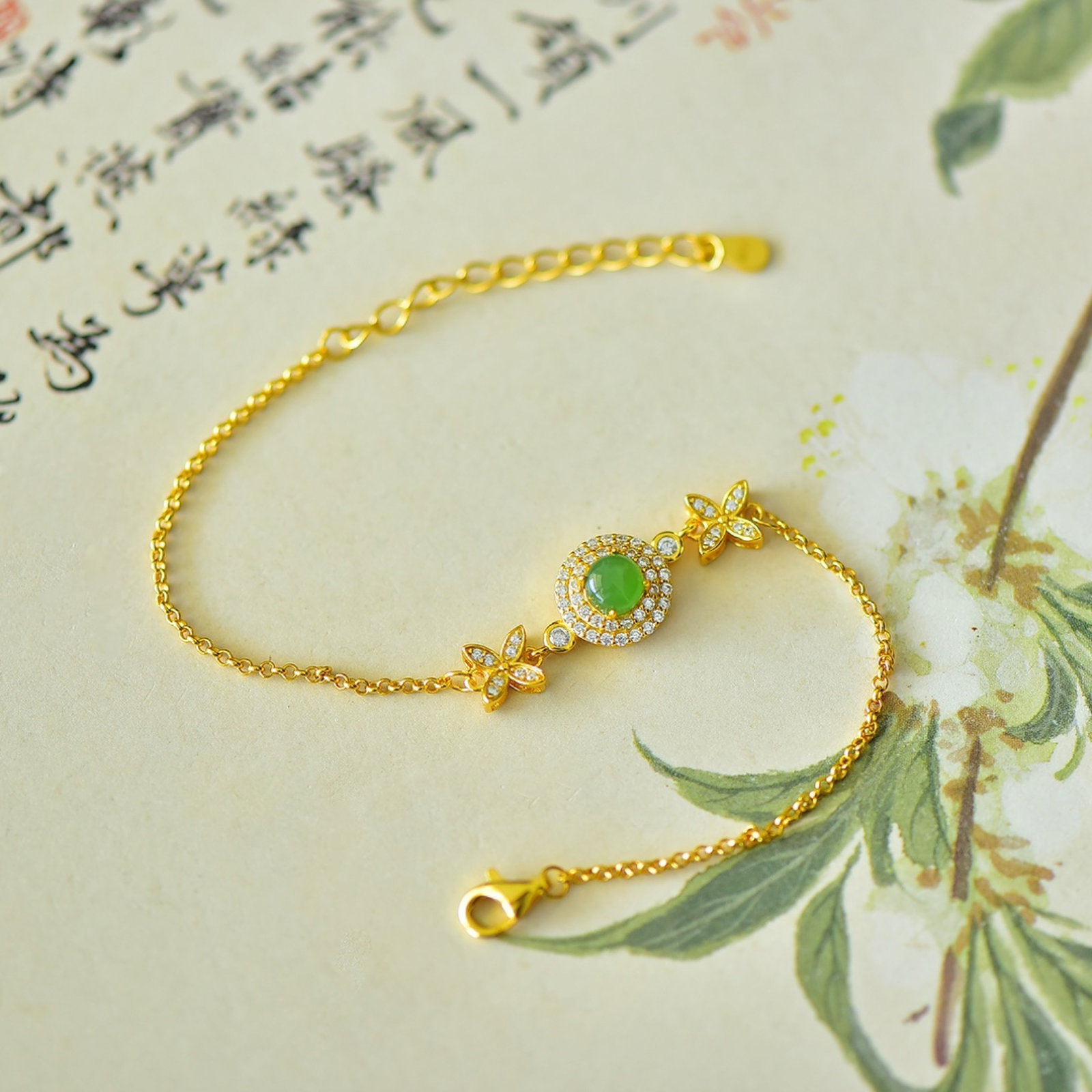 An Exquisite Sterling Silver-Gold Plated Inlaid Jasper Bracelets,Inlaid Diamond - 2