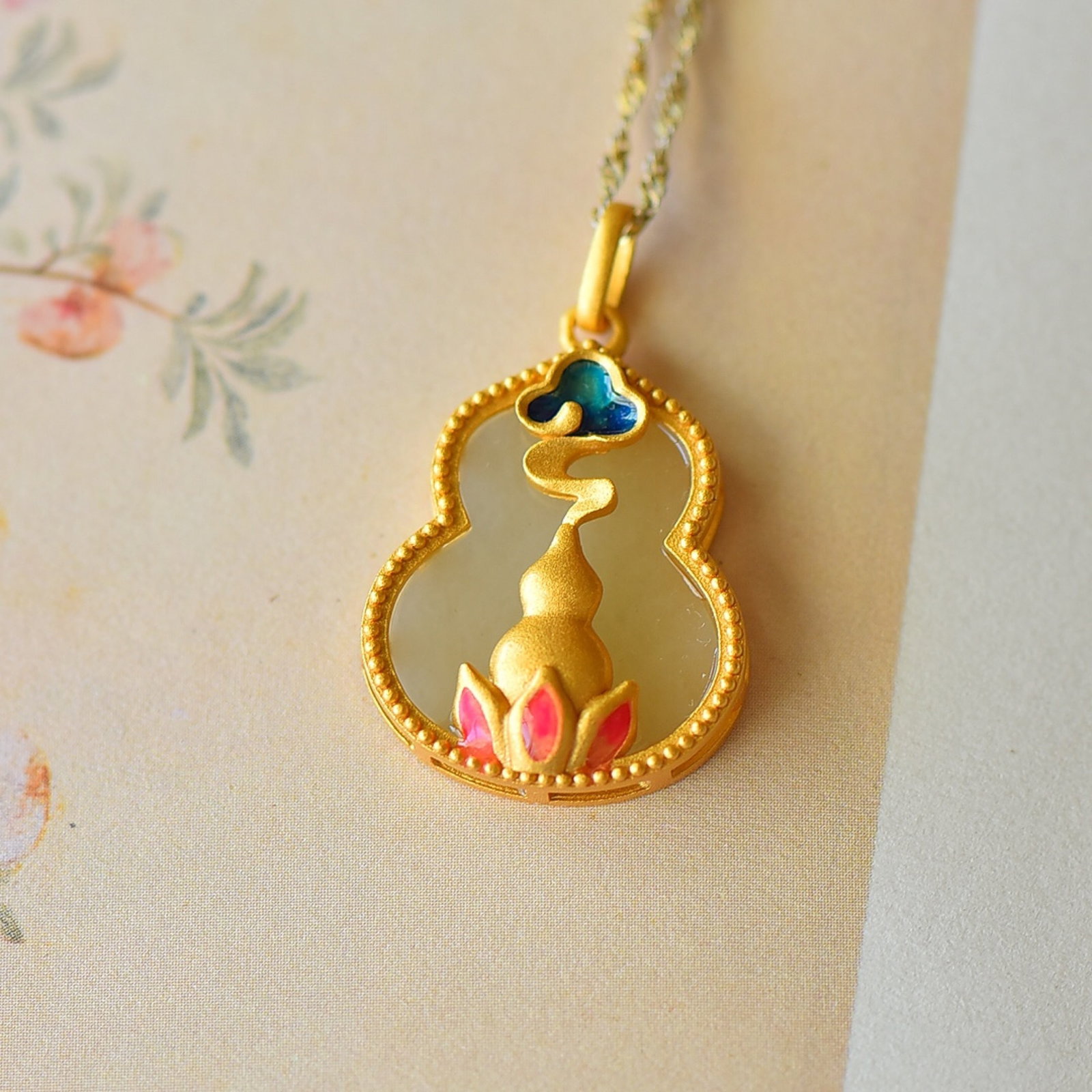An Exquisite Sterling Silver-Gold Plated Inlaid White Jade Pendant - 2