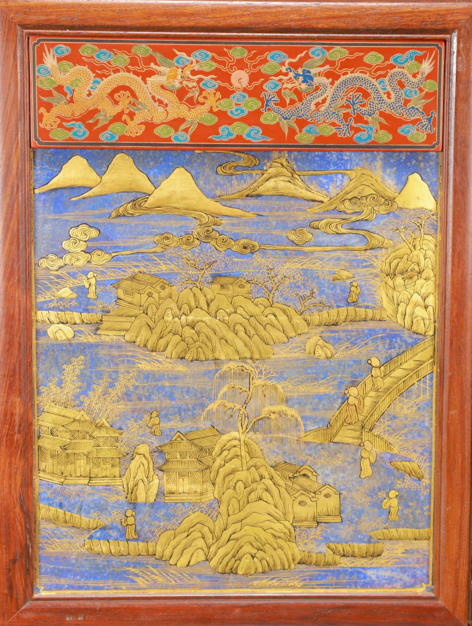 A Exquisite Boxwood Inlaid Gems Dragon Pattern Landscape and Figure Pattern Screen Ornament - 10