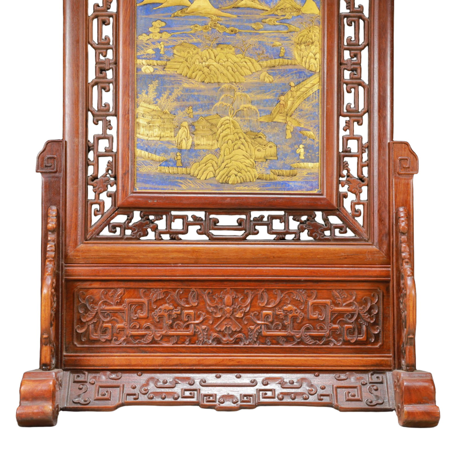 A Exquisite Boxwood Inlaid Gems Dragon Pattern Landscape and Figure Pattern Screen Ornament - 11