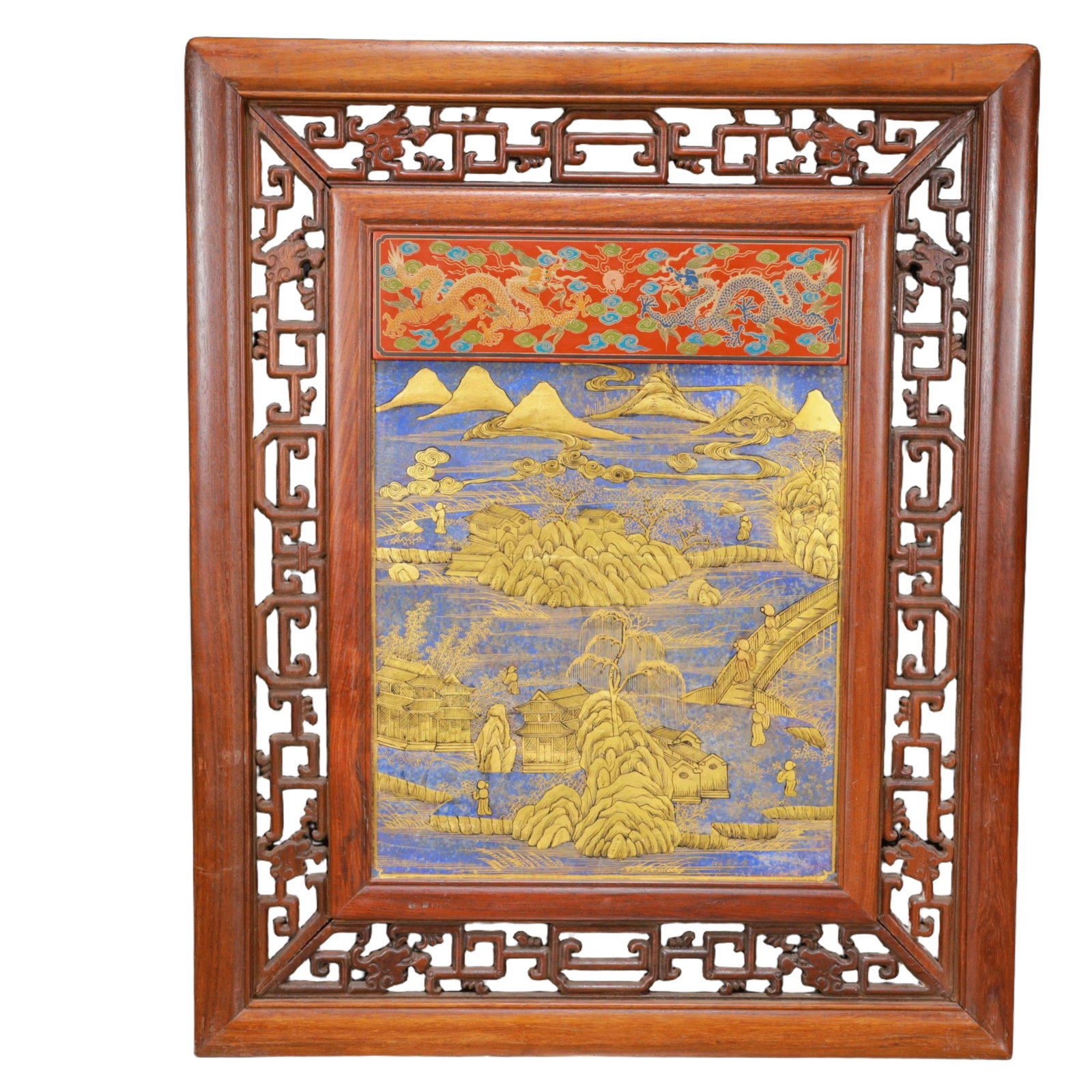 A Exquisite Boxwood Inlaid Gems Dragon Pattern Landscape and Figure Pattern Screen Ornament - 13