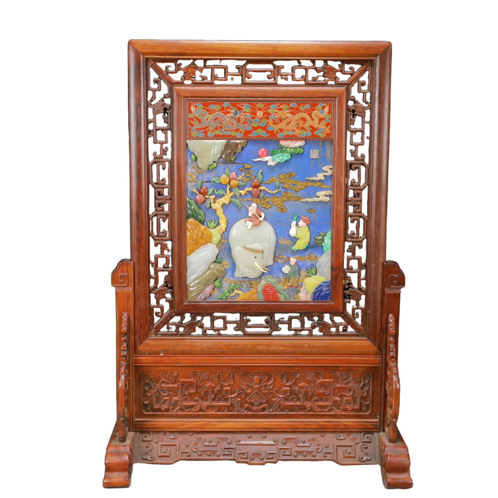 A Exquisite Boxwood Inlaid Gems Dragon Pattern Landscape and Figure Pattern Screen Ornament: Estimated Value:8800-18000 A Exquisite Boxwood Inlaid Gems Dragon Pattern Landscape and Figure Pattern Screen Ornament Qing Dynasty, China , Size:18.3inx9.1inx26.4in Weight:6350g