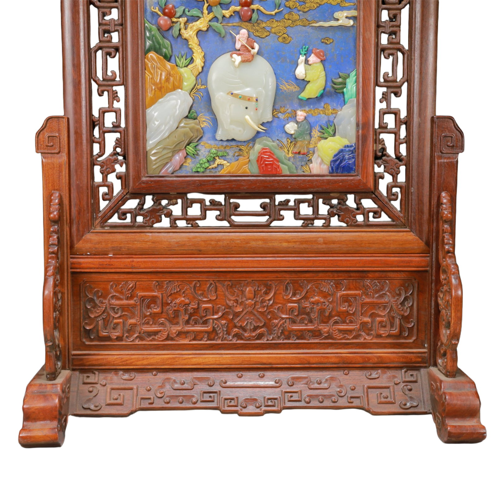 A Exquisite Boxwood Inlaid Gems Dragon Pattern Landscape and Figure Pattern Screen Ornament - 6