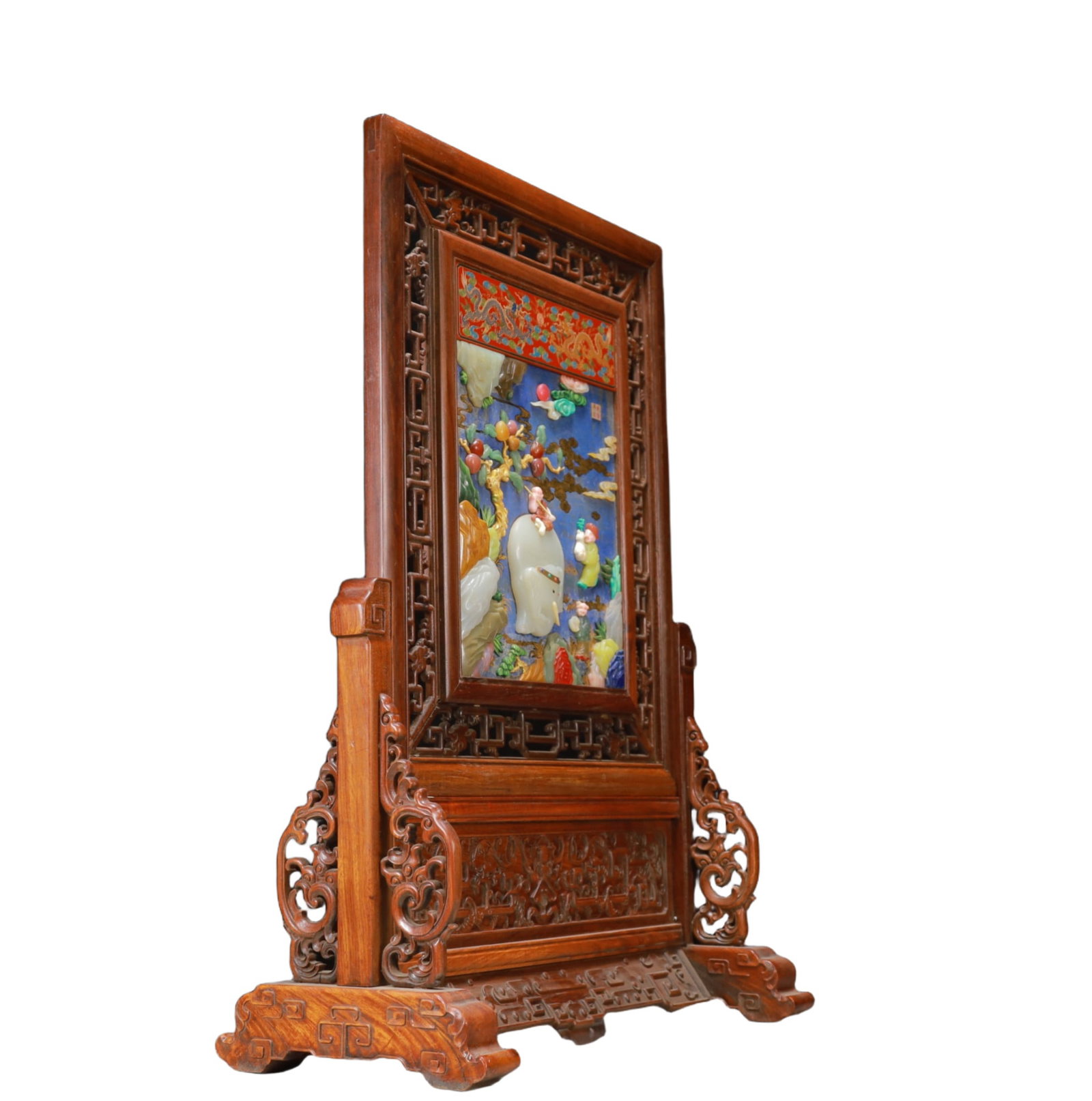 A Exquisite Boxwood Inlaid Gems Dragon Pattern Landscape and Figure Pattern Screen Ornament - 7