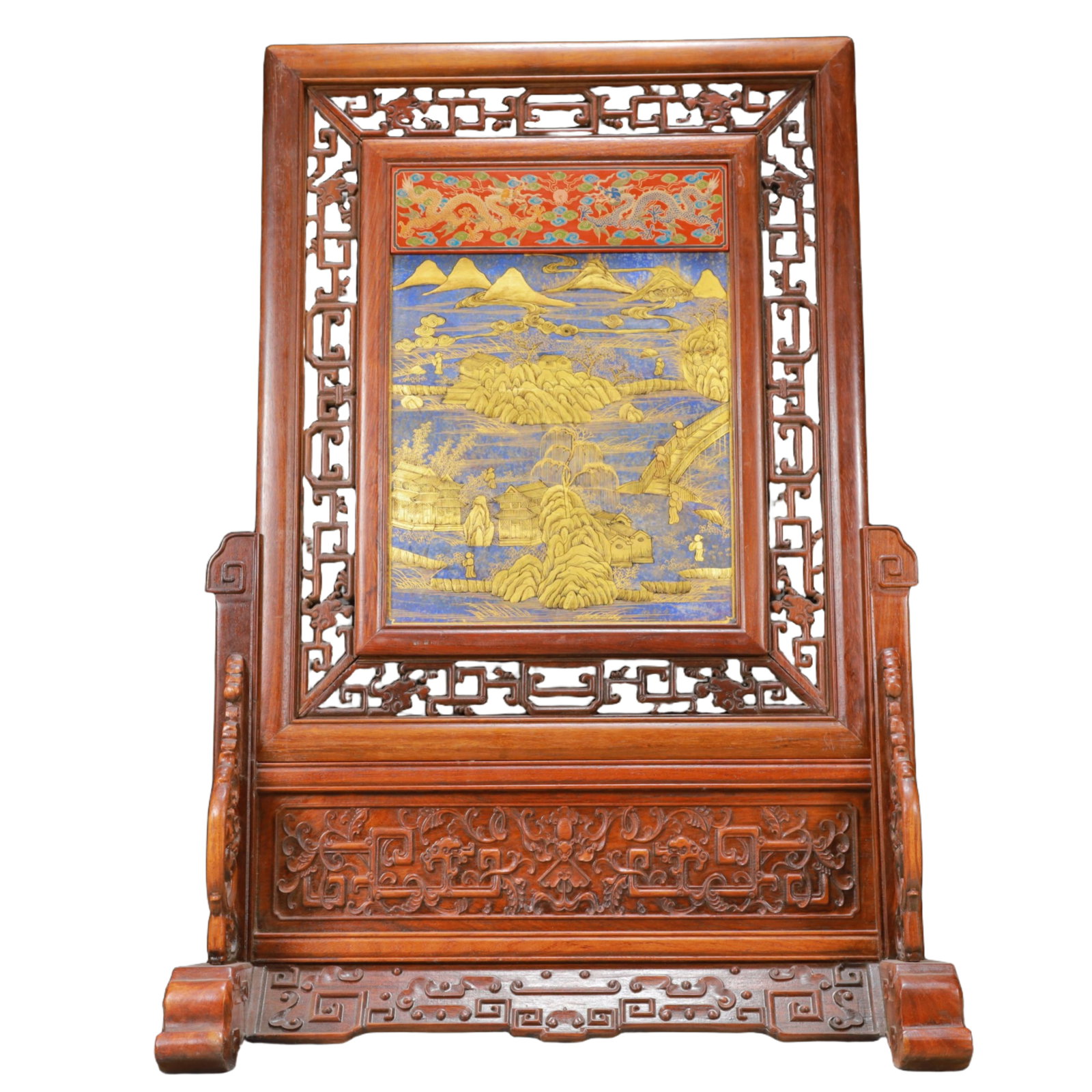 A Exquisite Boxwood Inlaid Gems Dragon Pattern Landscape and Figure Pattern Screen Ornament - 8