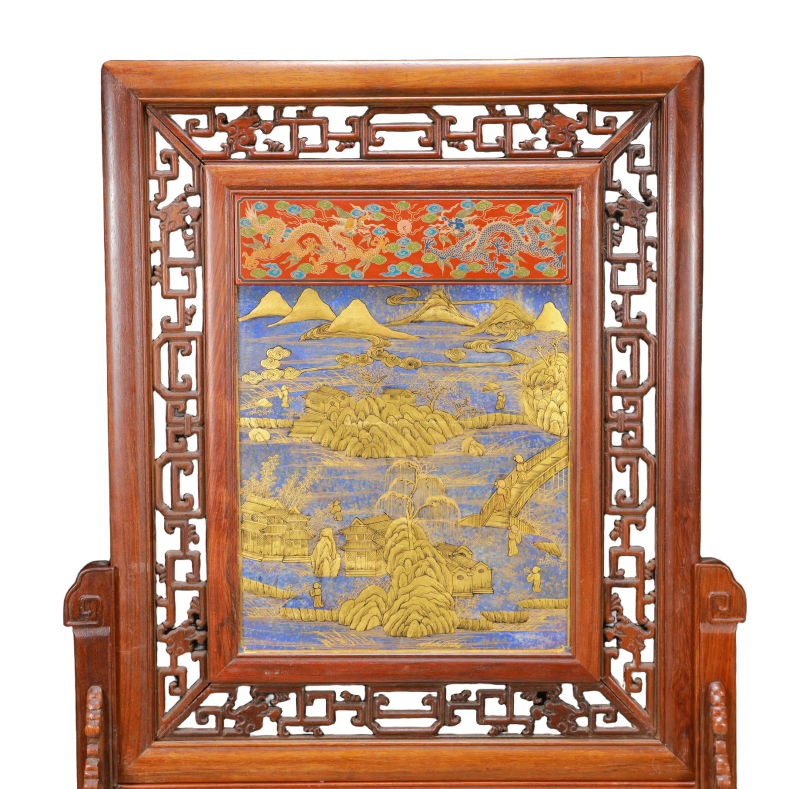 A Exquisite Boxwood Inlaid Gems Dragon Pattern Landscape and Figure Pattern Screen Ornament - 9