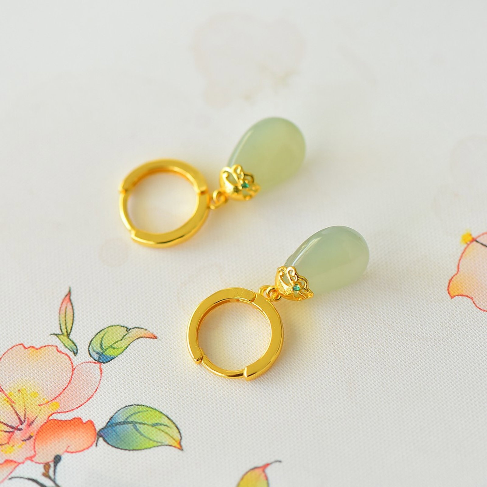 A Pair of Exquisite Sterling Silver-Gold Plated Inlaid White Jade Earrings - 4
