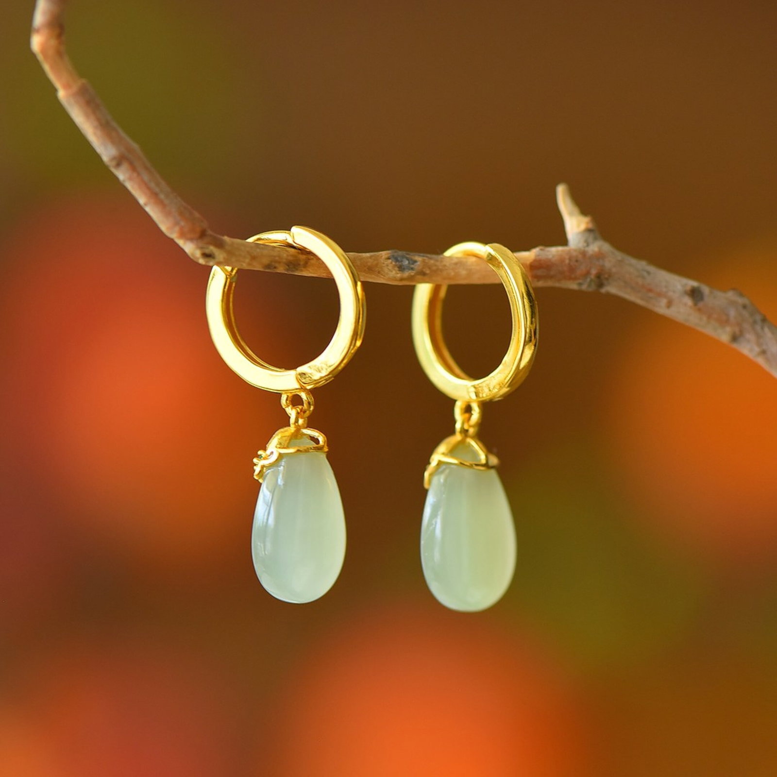 A Pair of Exquisite Sterling Silver-Gold Plated Inlaid White Jade Earrings - 5