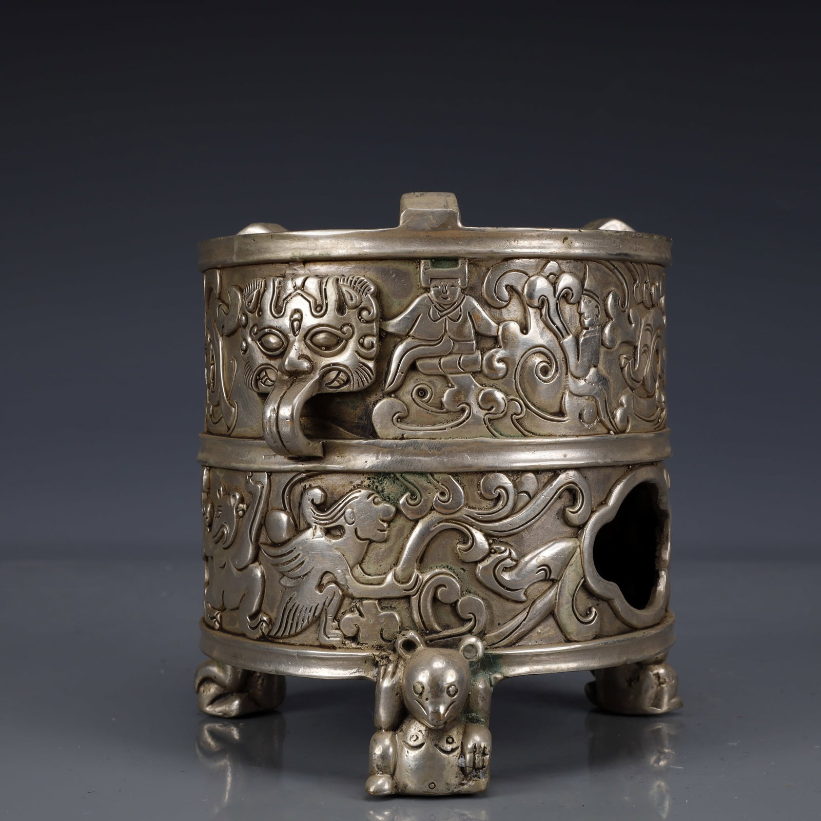 An Exquisite Silver-Plated Bronze Auspicious Beast Pattern Double-Ears and Tripod Censer - 2