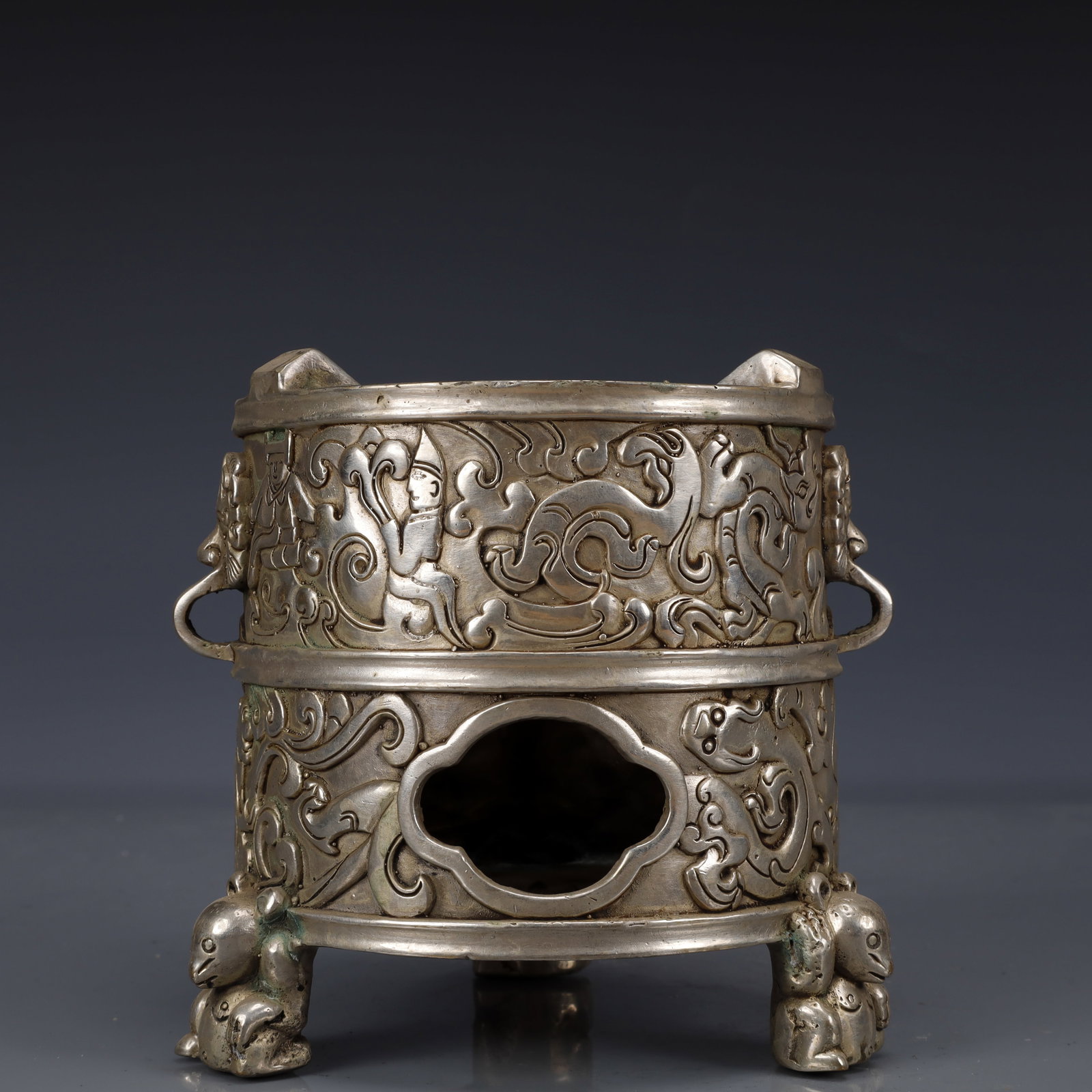 An Exquisite Silver-Plated Bronze Auspicious Beast Pattern Double-Ears and Tripod Censer - 3