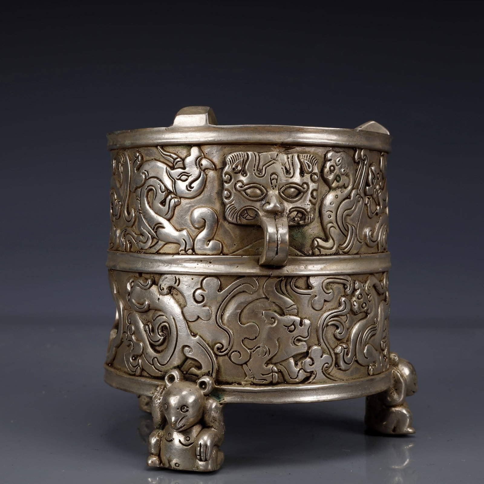 An Exquisite Silver-Plated Bronze Auspicious Beast Pattern Double-Ears and Tripod Censer - 4