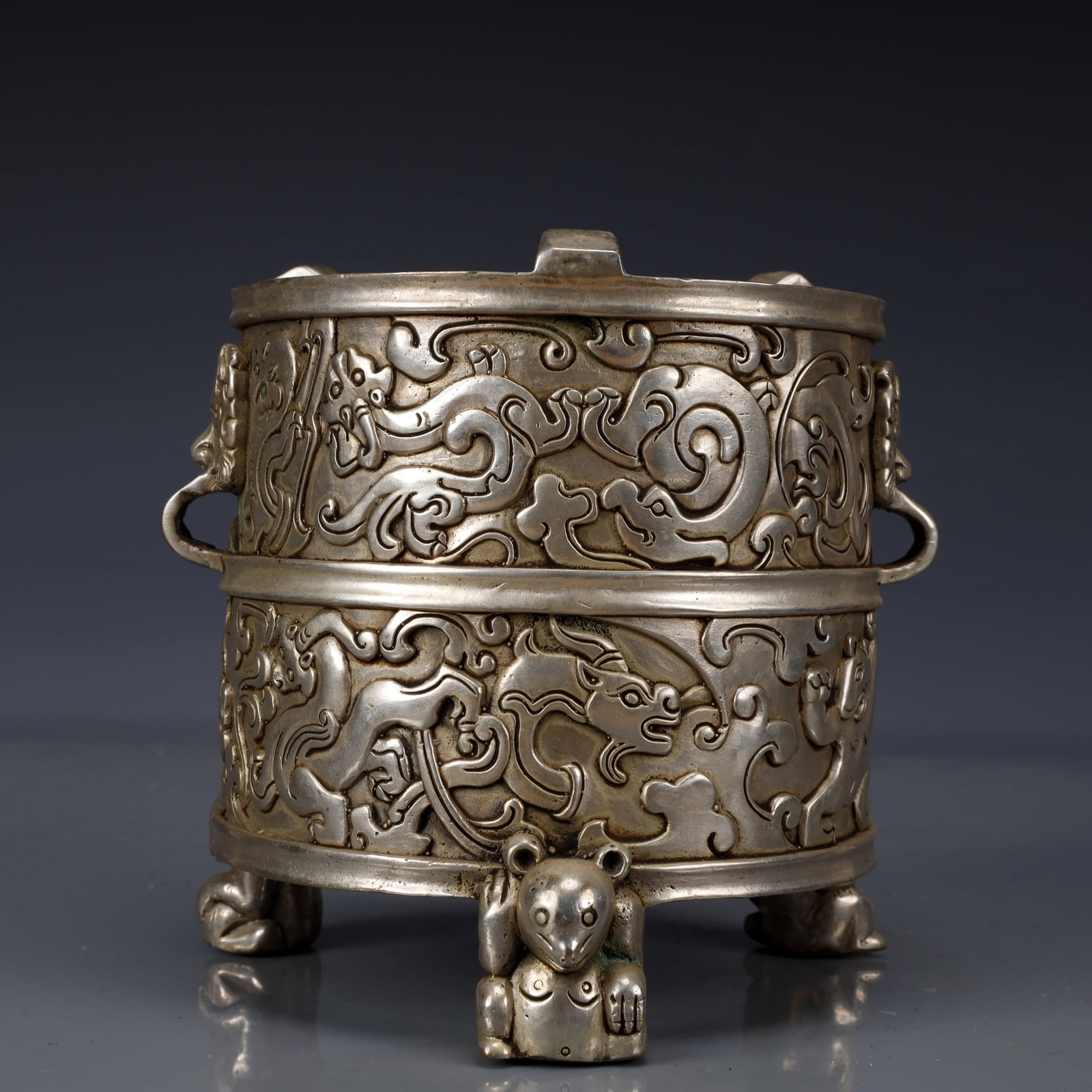 An Exquisite Silver-Plated Bronze Auspicious Beast Pattern Double-Ears and Tripod Censer - 5