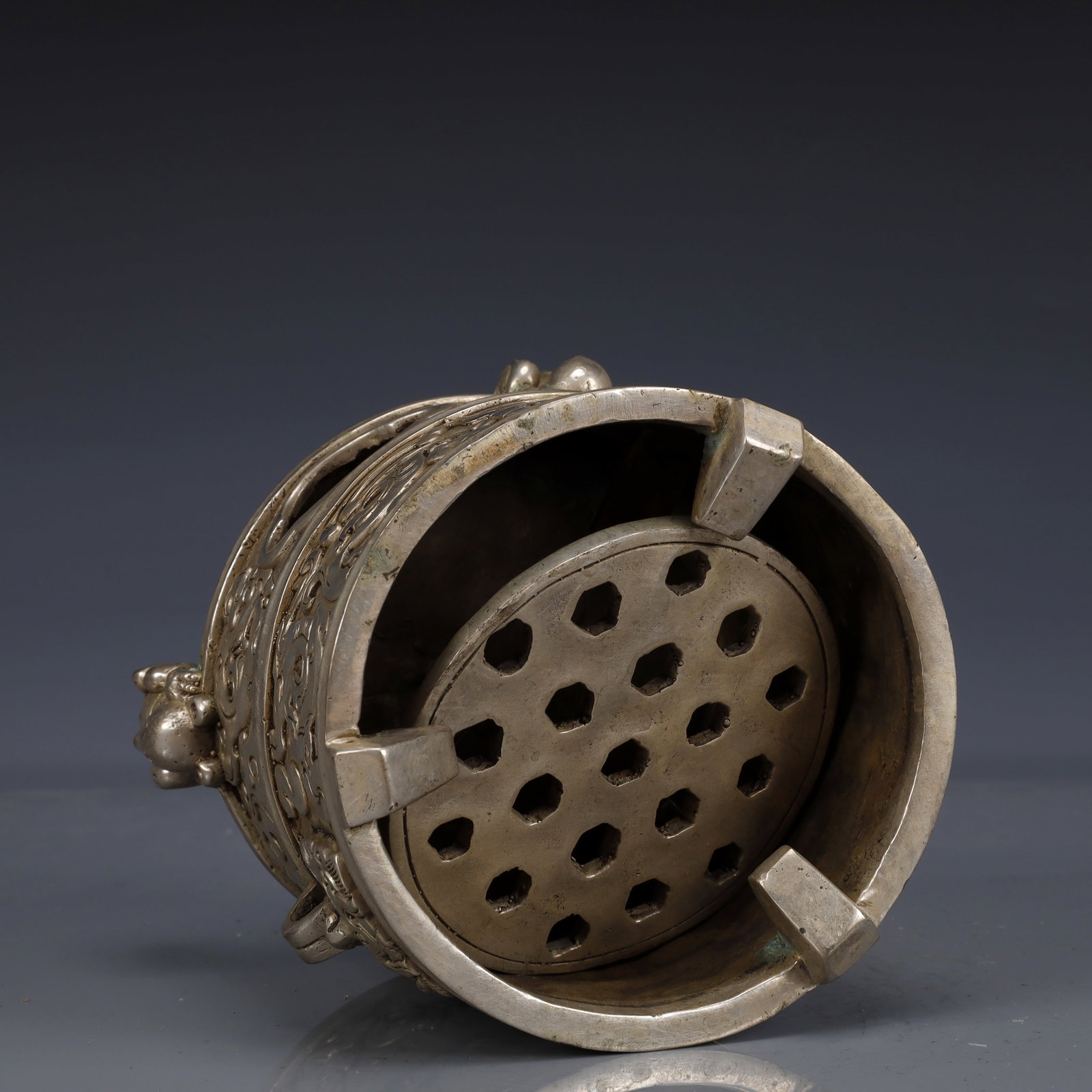 An Exquisite Silver-Plated Bronze Auspicious Beast Pattern Double-Ears and Tripod Censer - 6