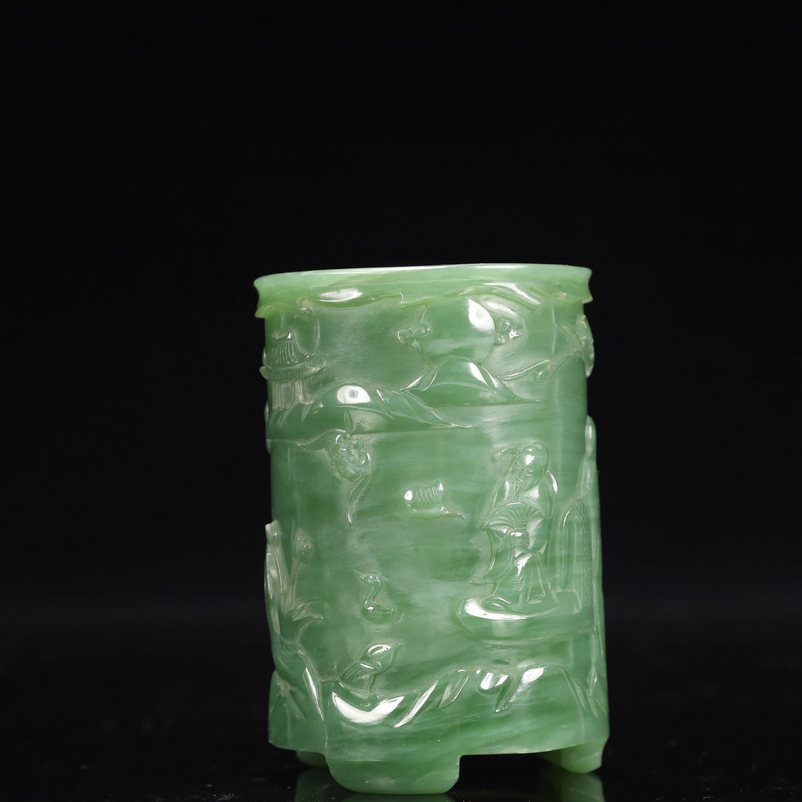 An Exquisite Jasper Landscape and Figure Pattern Tripod Brush Pot - 2