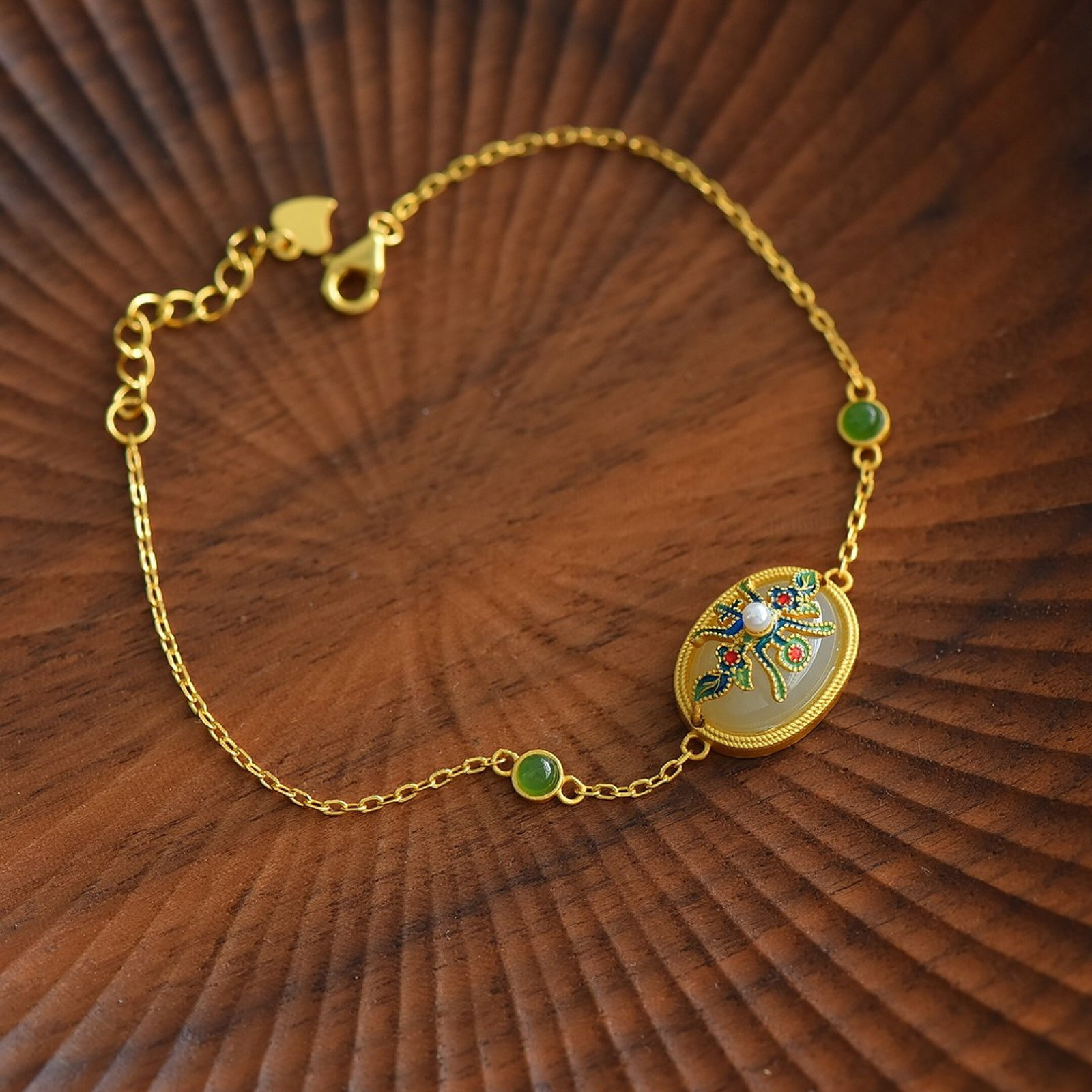An Exquisite Sterling Silver-Gold Plated Inlaid White Jade Bracelet - 2