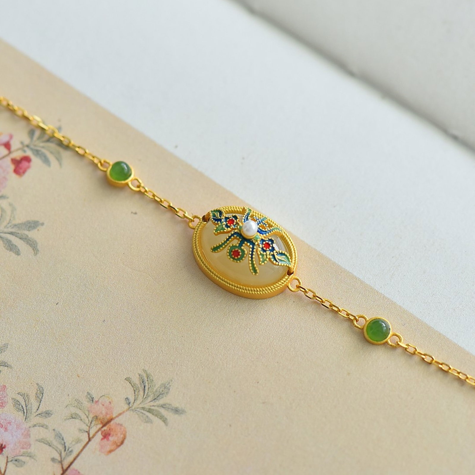 An Exquisite Sterling Silver-Gold Plated Inlaid White Jade Bracelet - 3