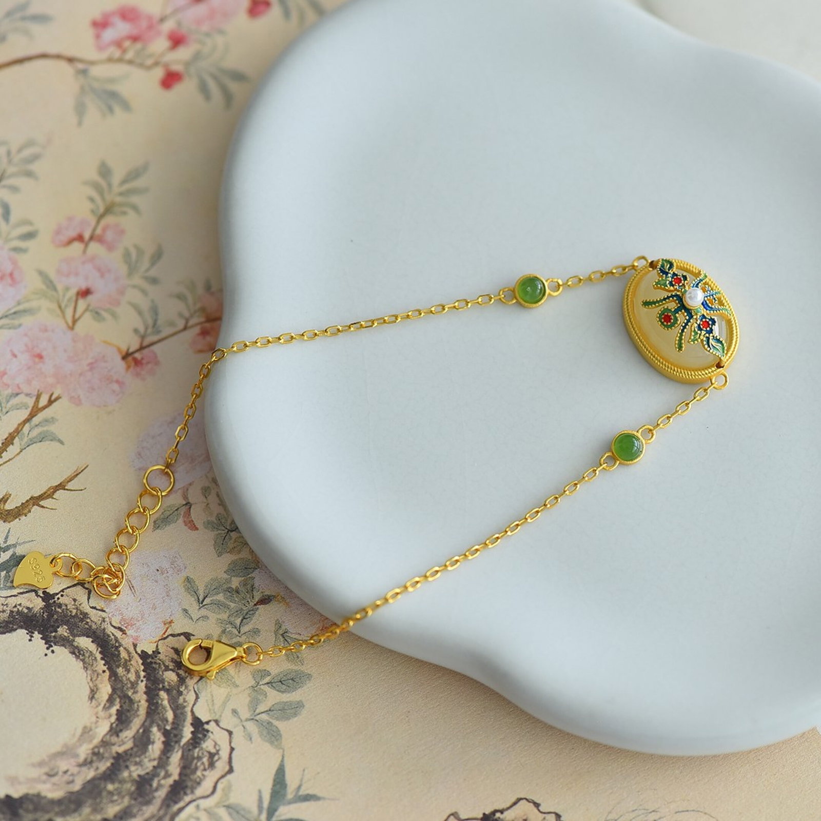 An Exquisite Sterling Silver-Gold Plated Inlaid White Jade Bracelet - 4