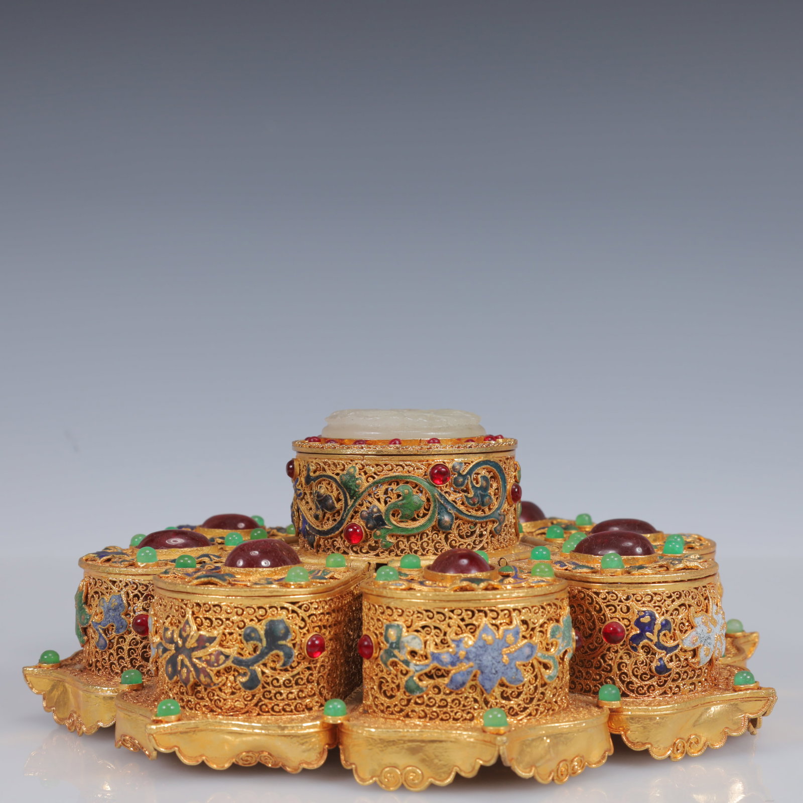 An Exquisite Filigree and Gilding Inlaid White Jade Eight Treasures Luopan ,Inlaid Gems - 2