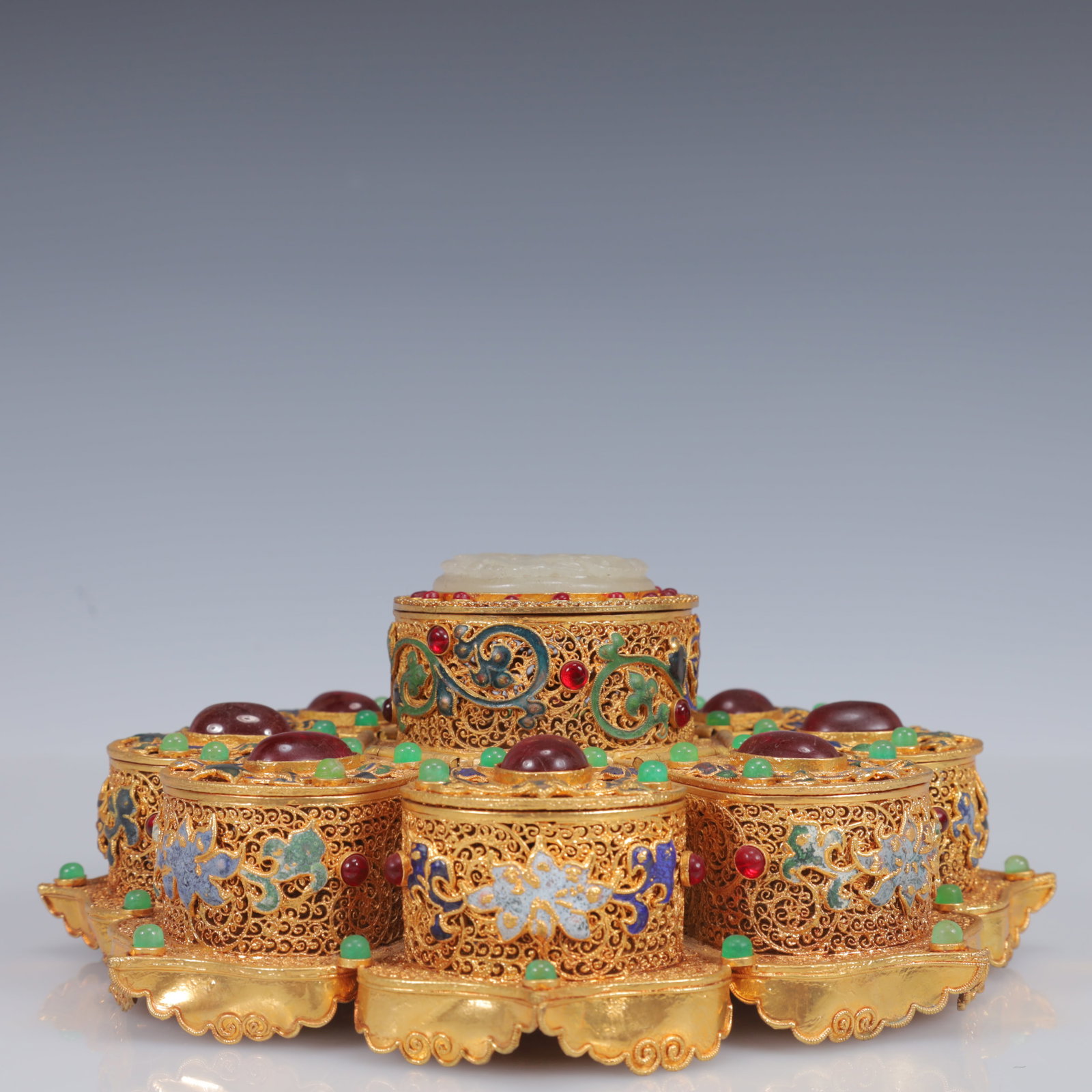 An Exquisite Filigree and Gilding Inlaid White Jade Eight Treasures Luopan ,Inlaid Gems - 3