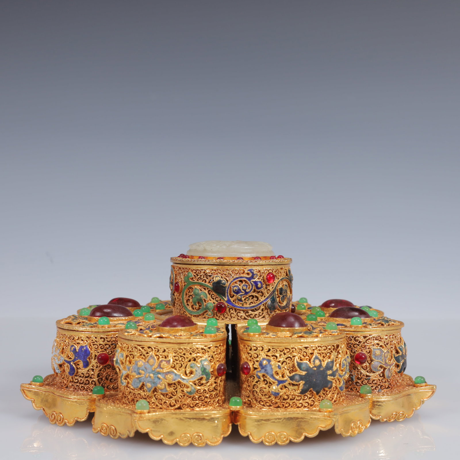 An Exquisite Filigree and Gilding Inlaid White Jade Eight Treasures Luopan ,Inlaid Gems - 4