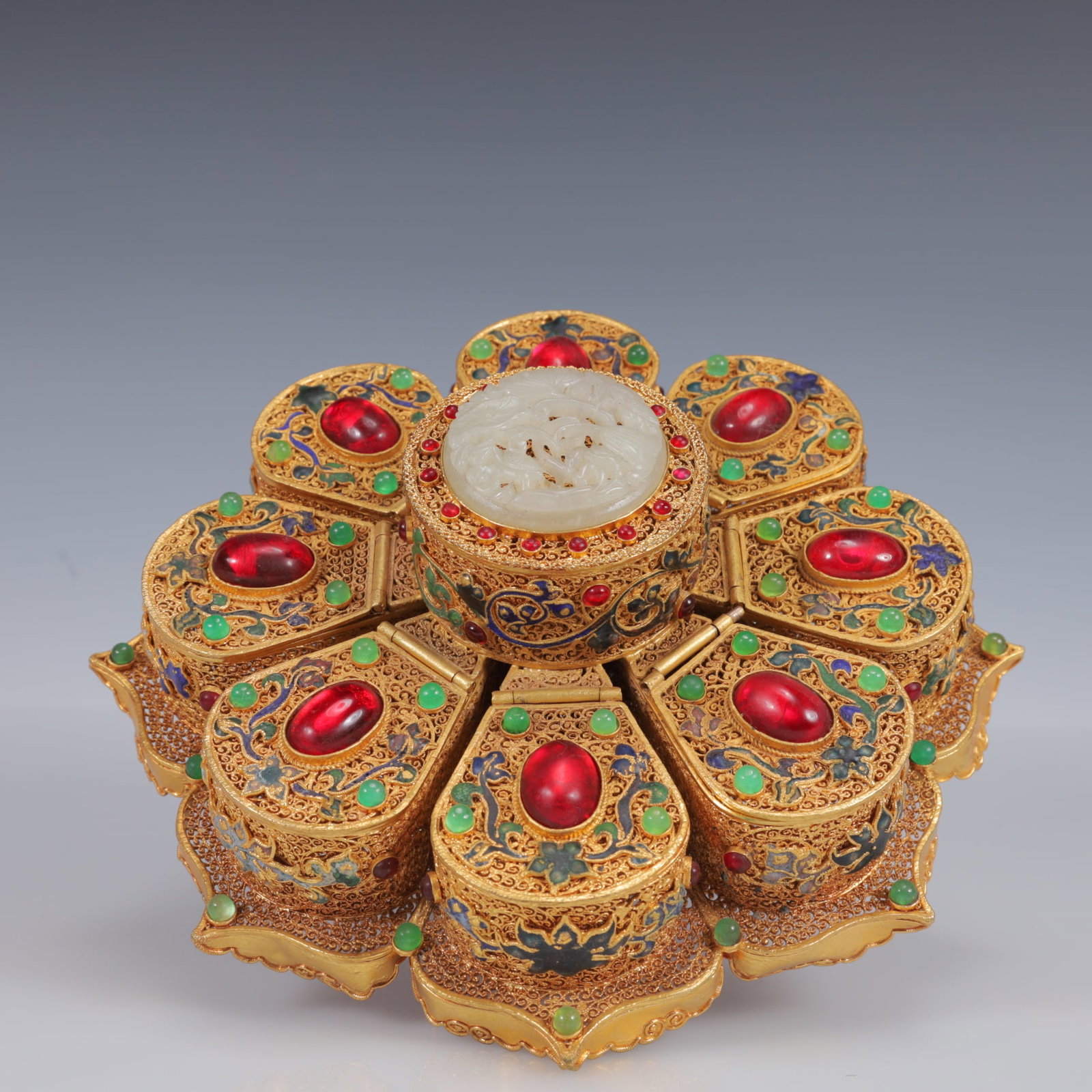 An Exquisite Filigree and Gilding Inlaid White Jade Eight Treasures Luopan ,Inlaid Gems - 5