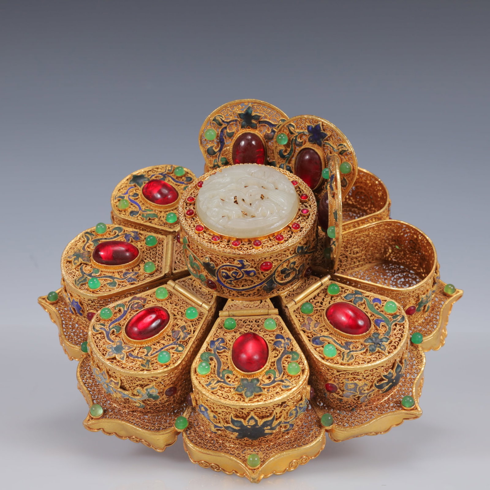 An Exquisite Filigree and Gilding Inlaid White Jade Eight Treasures Luopan ,Inlaid Gems - 6