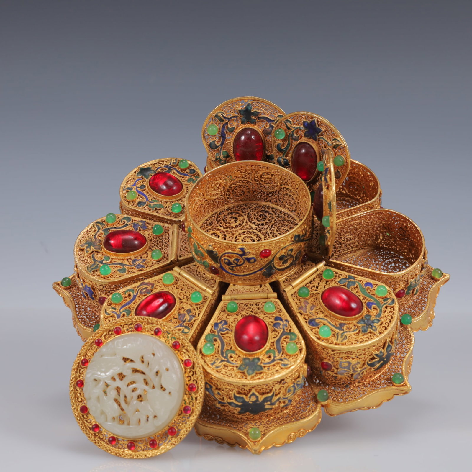 An Exquisite Filigree and Gilding Inlaid White Jade Eight Treasures Luopan ,Inlaid Gems - 7