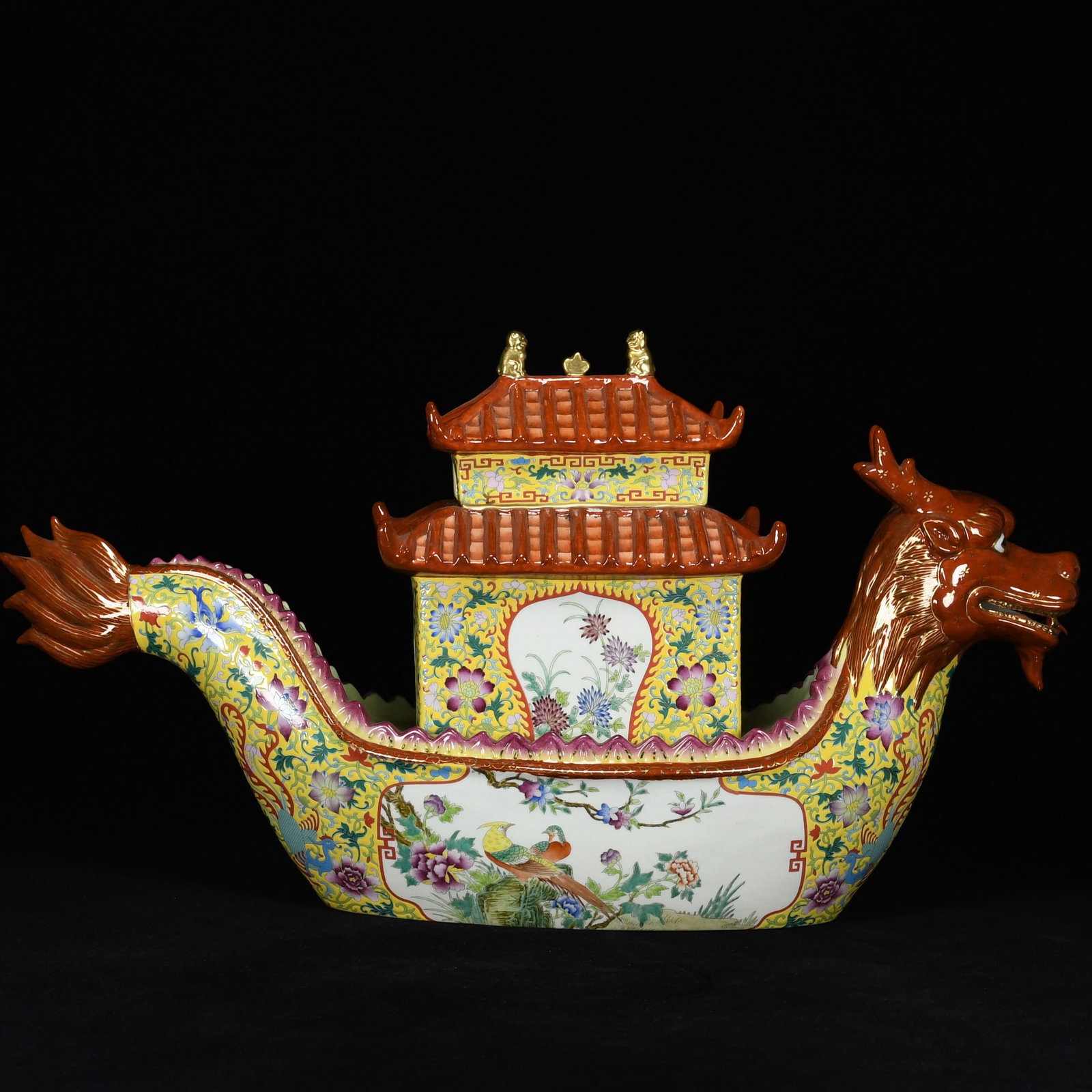 A Huge Famille-Rose Painted Gold Flower and Bird Pattern Dragon boat Ornament - 3