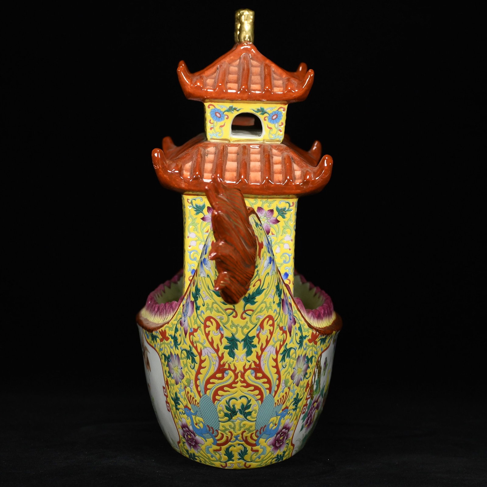 A Huge Famille-Rose Painted Gold Flower and Bird Pattern Dragon boat Ornament - 4