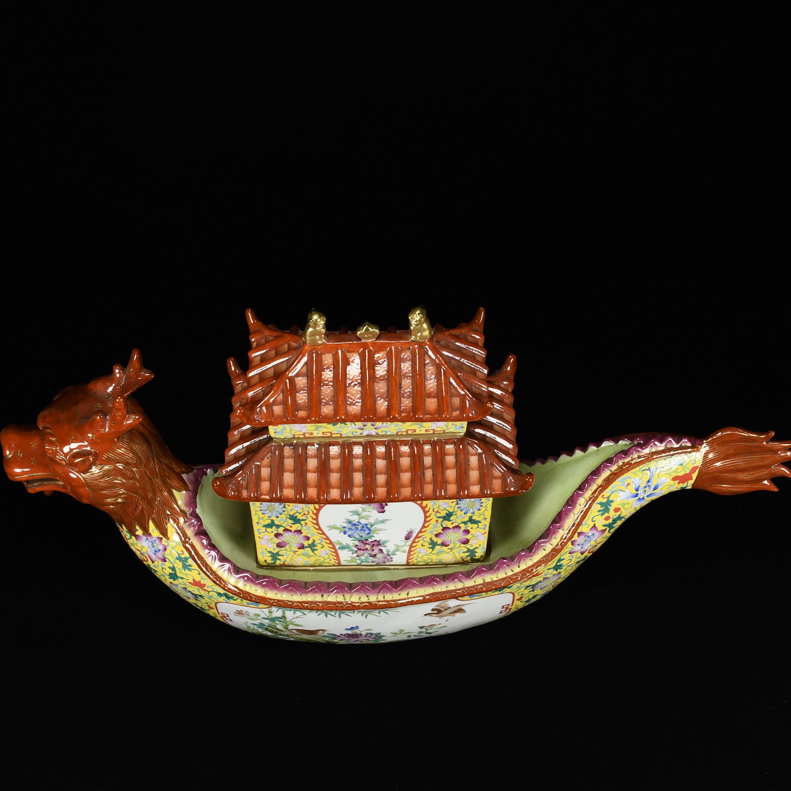 A Huge Famille-Rose Painted Gold Flower and Bird Pattern Dragon boat Ornament - 7