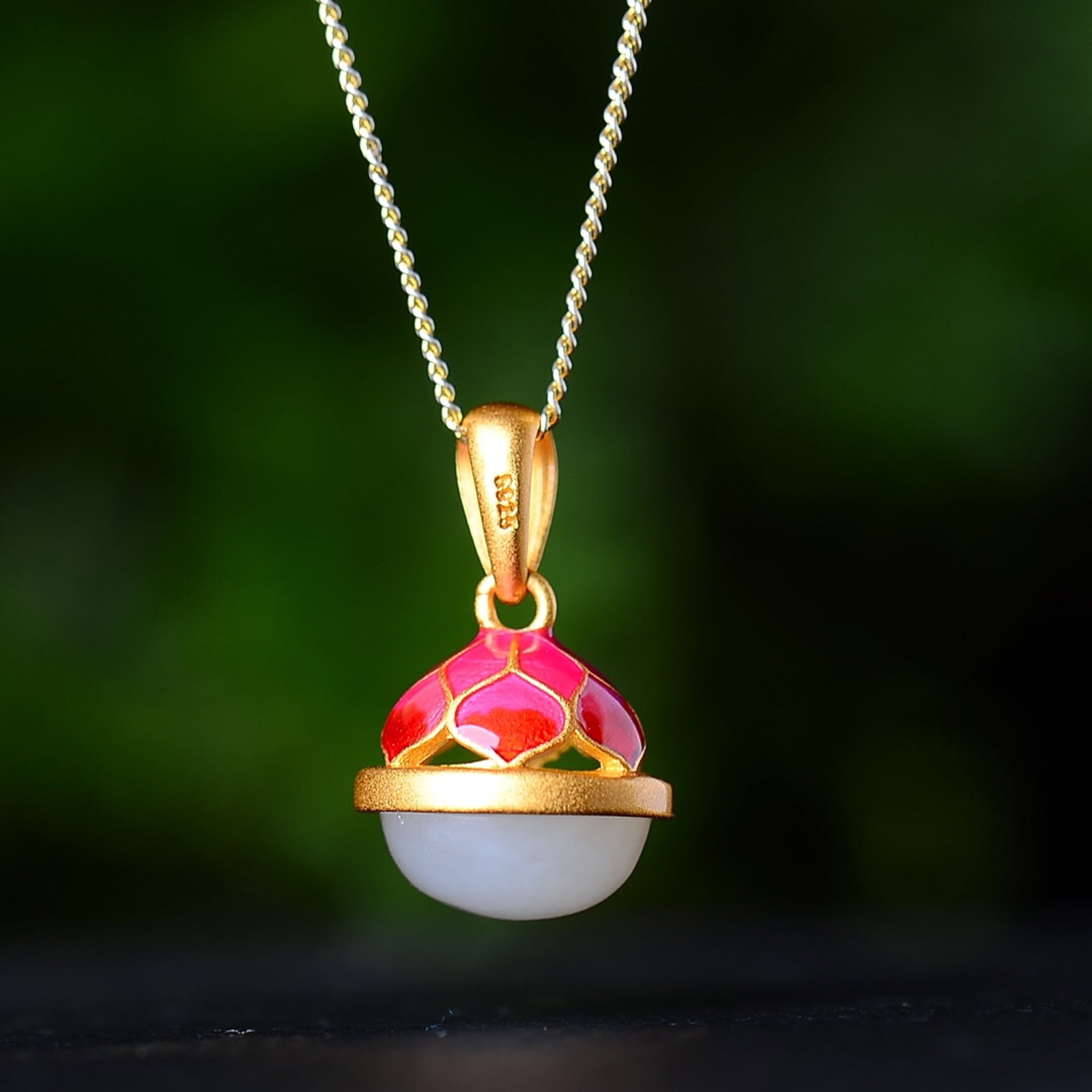 An Exquisite Sterling Silver-Gold Plated Inlaid White Jade Enamel Pendant - 2
