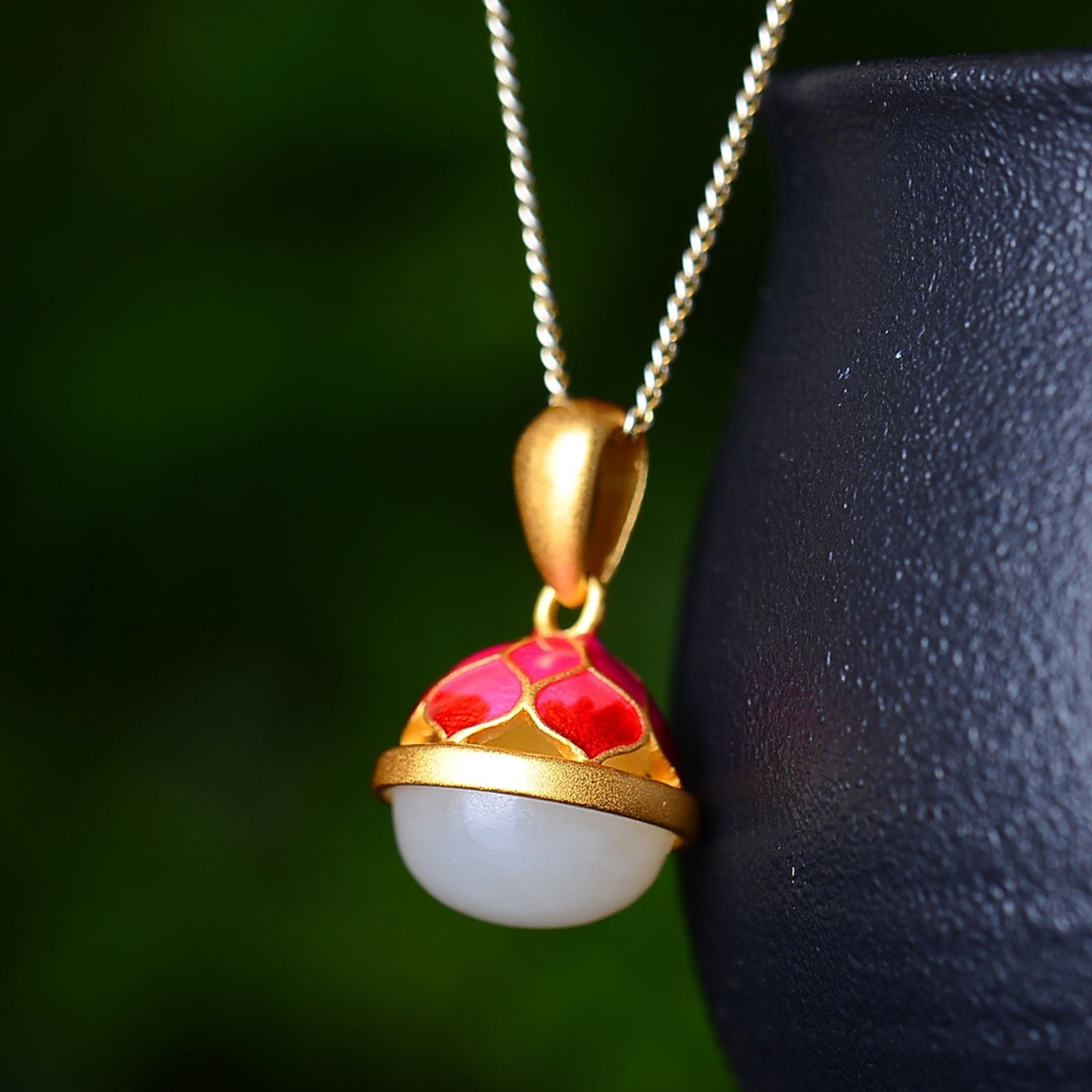 An Exquisite Sterling Silver-Gold Plated Inlaid White Jade Enamel Pendant - 4