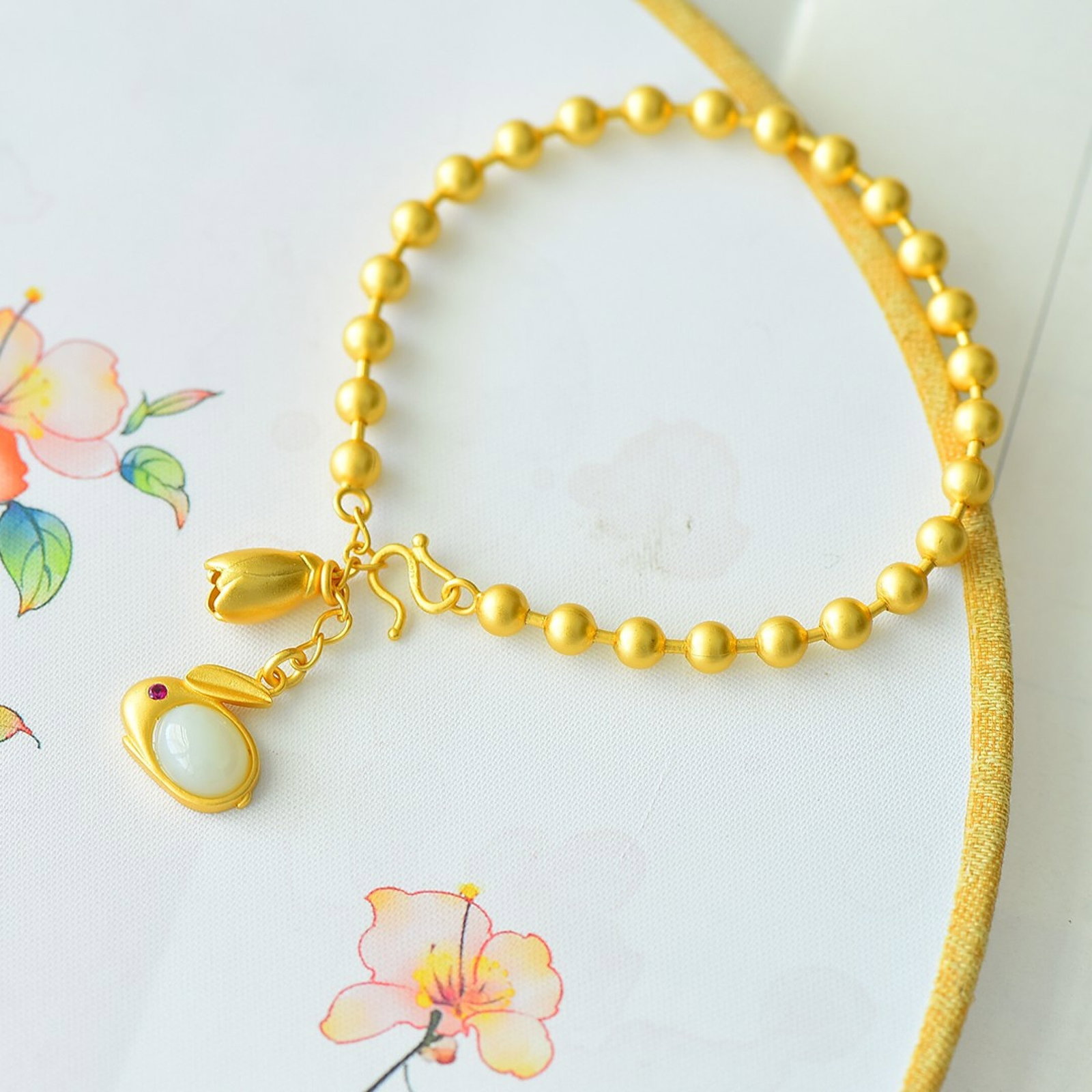 An Exquisite Sterling Silver-Gold Plated Inlaid White Jade Bracelet - 3