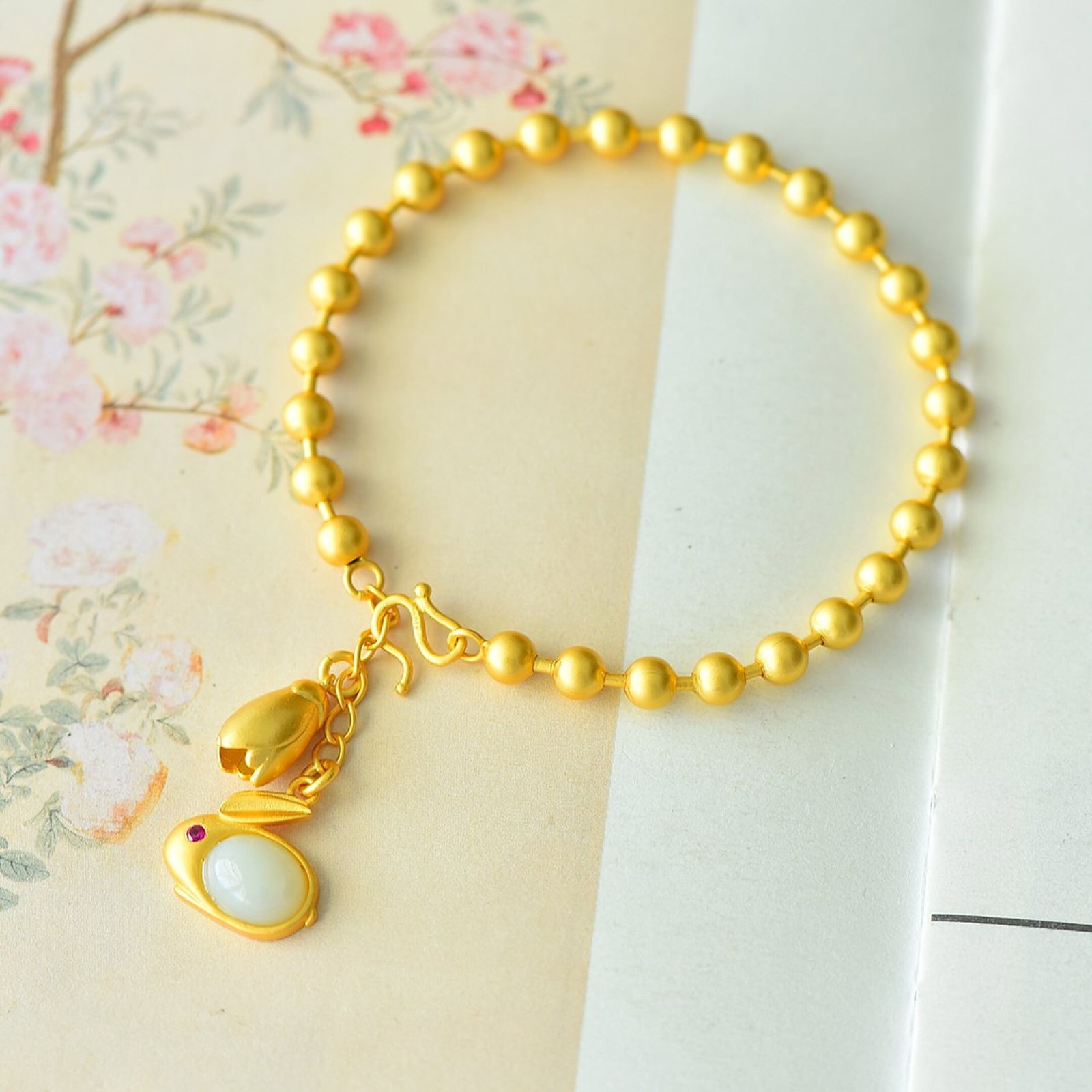 An Exquisite Sterling Silver-Gold Plated Inlaid White Jade Bracelet - 5