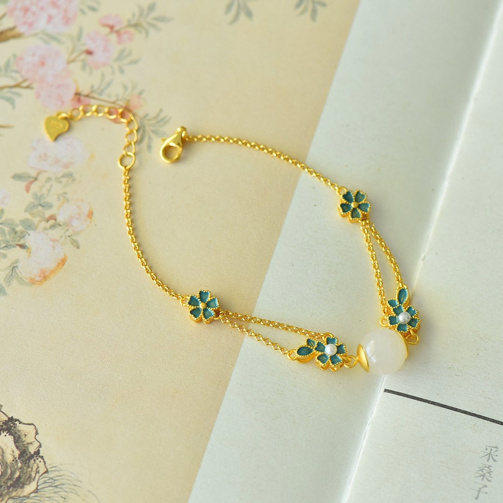 A Set of Fine Sterling Silver-Gold Plated Inlaid White Jade Jewelrys,Inlaid Pearl - 2