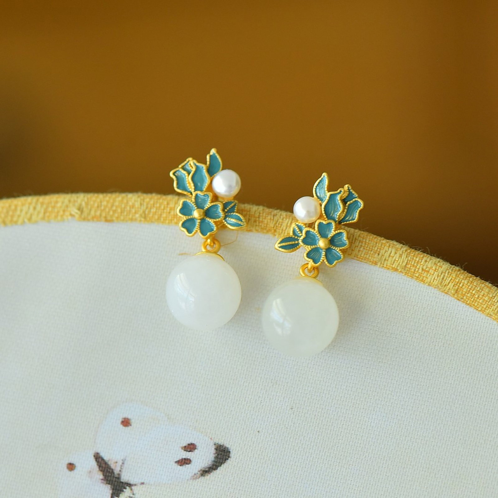 A Set of Fine Sterling Silver-Gold Plated Inlaid White Jade Jewelrys,Inlaid Pearl - 3