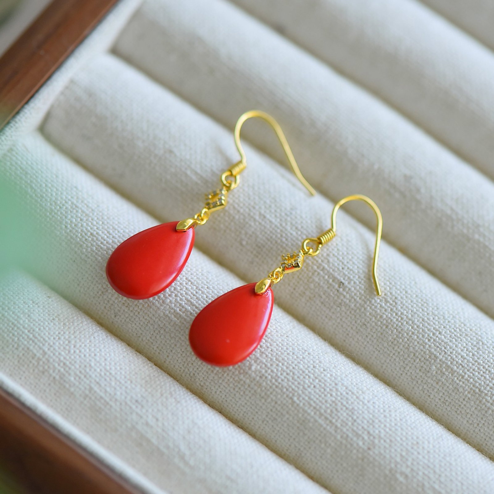 A Pair of Exquisite Sterling Silver-Gold Plated Inlaid Cinnabar Earrings - 2